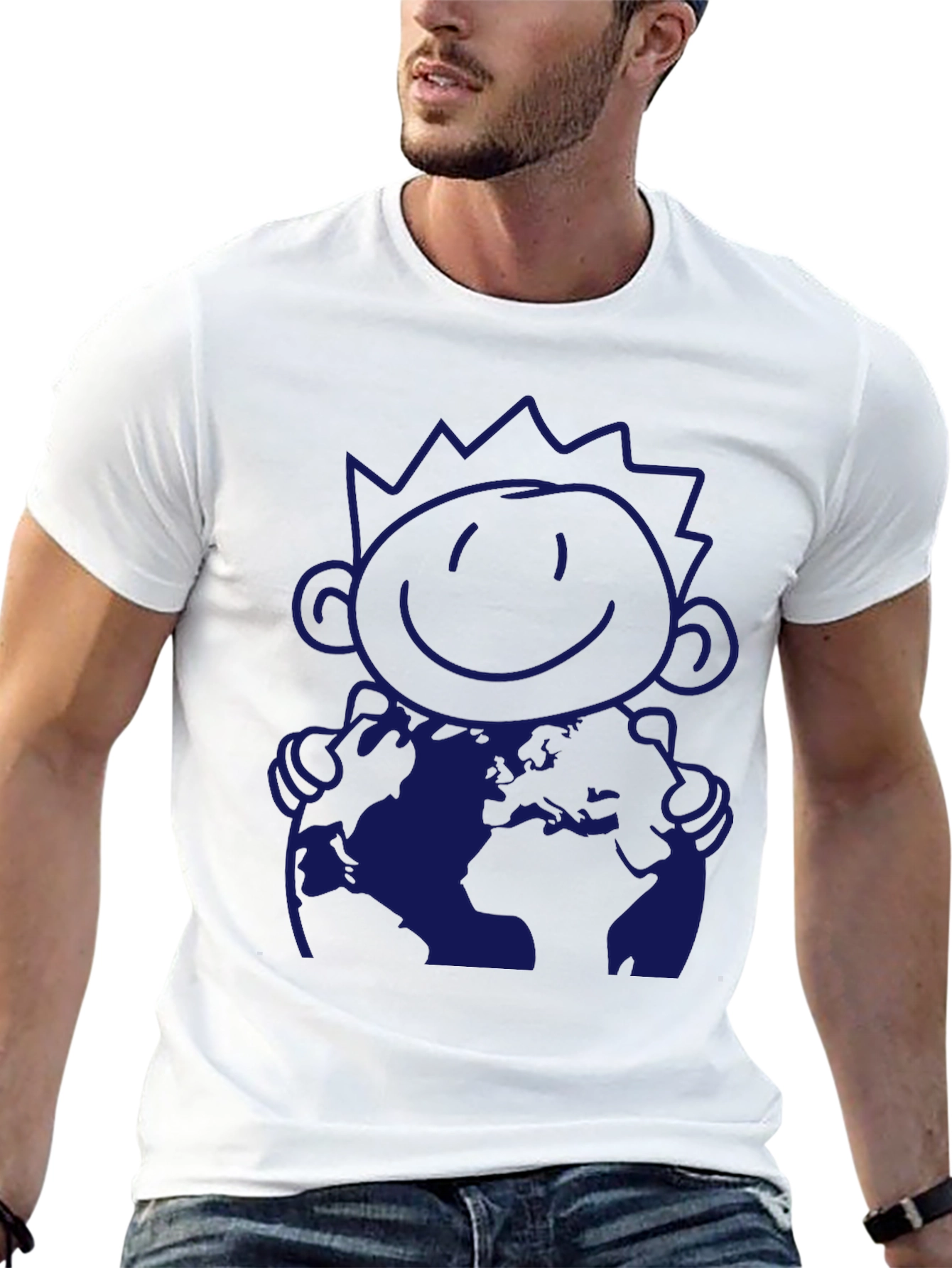 Graphic Tee: Hug the World Cartoon Print T-Shirt