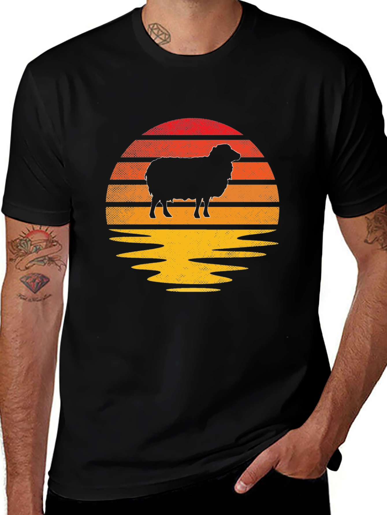 Retro Sheep Sunset Graphic Tee - Black Cotton Blend