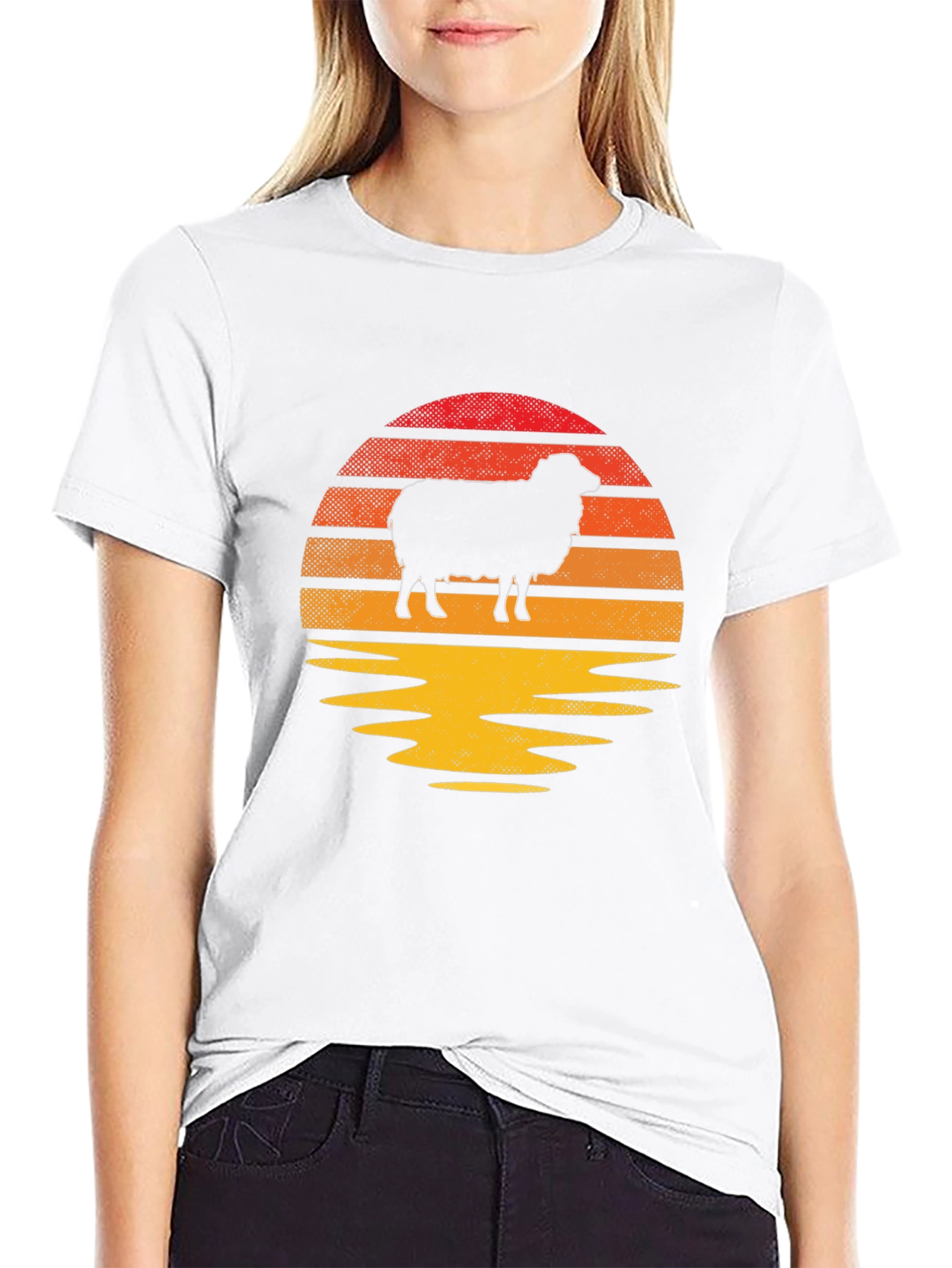 Retro Sheep Sunset Graphic Tee - Black Cotton Blend