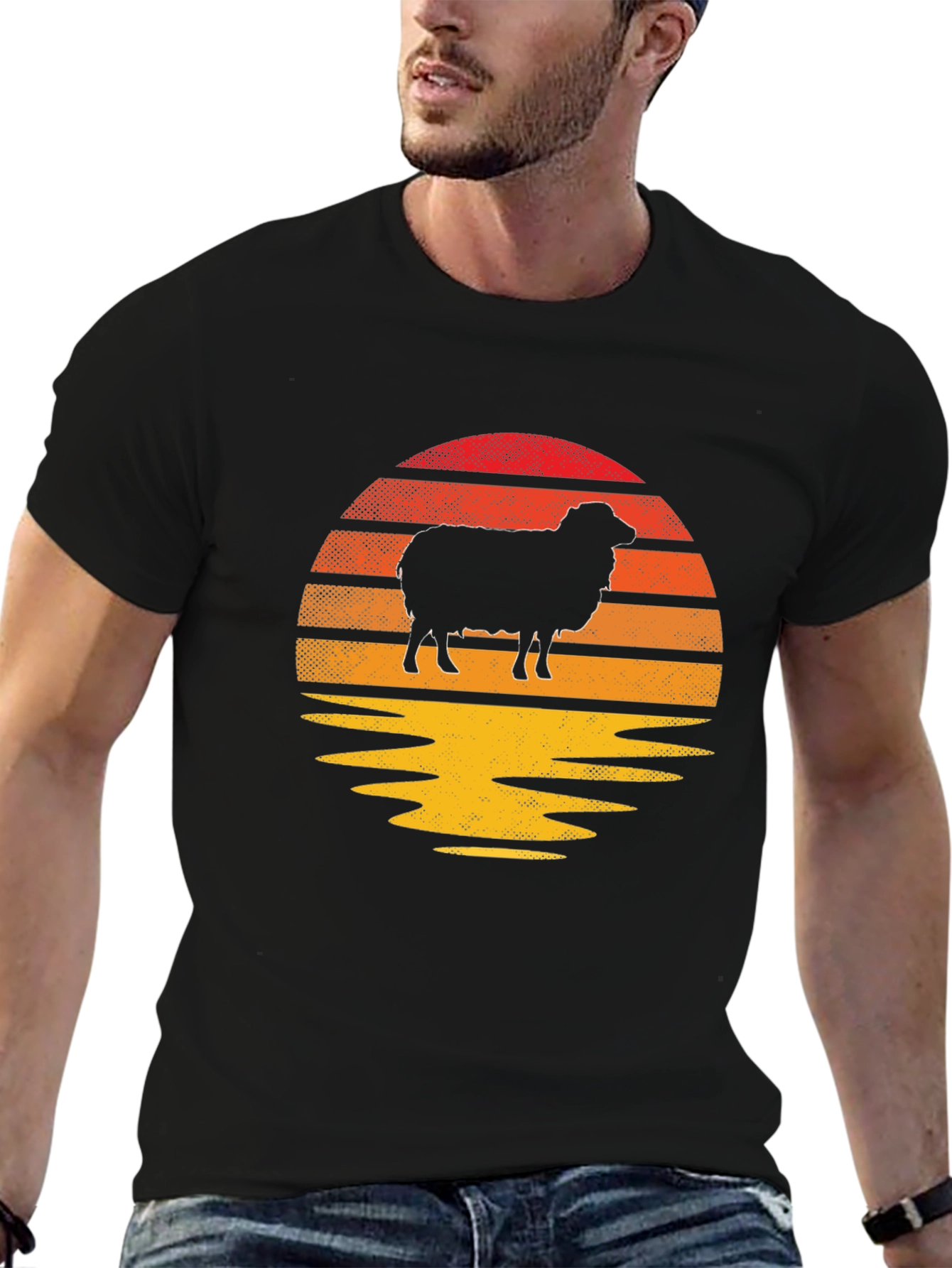 Retro Sheep Sunset Graphic Tee - Black Cotton Blend