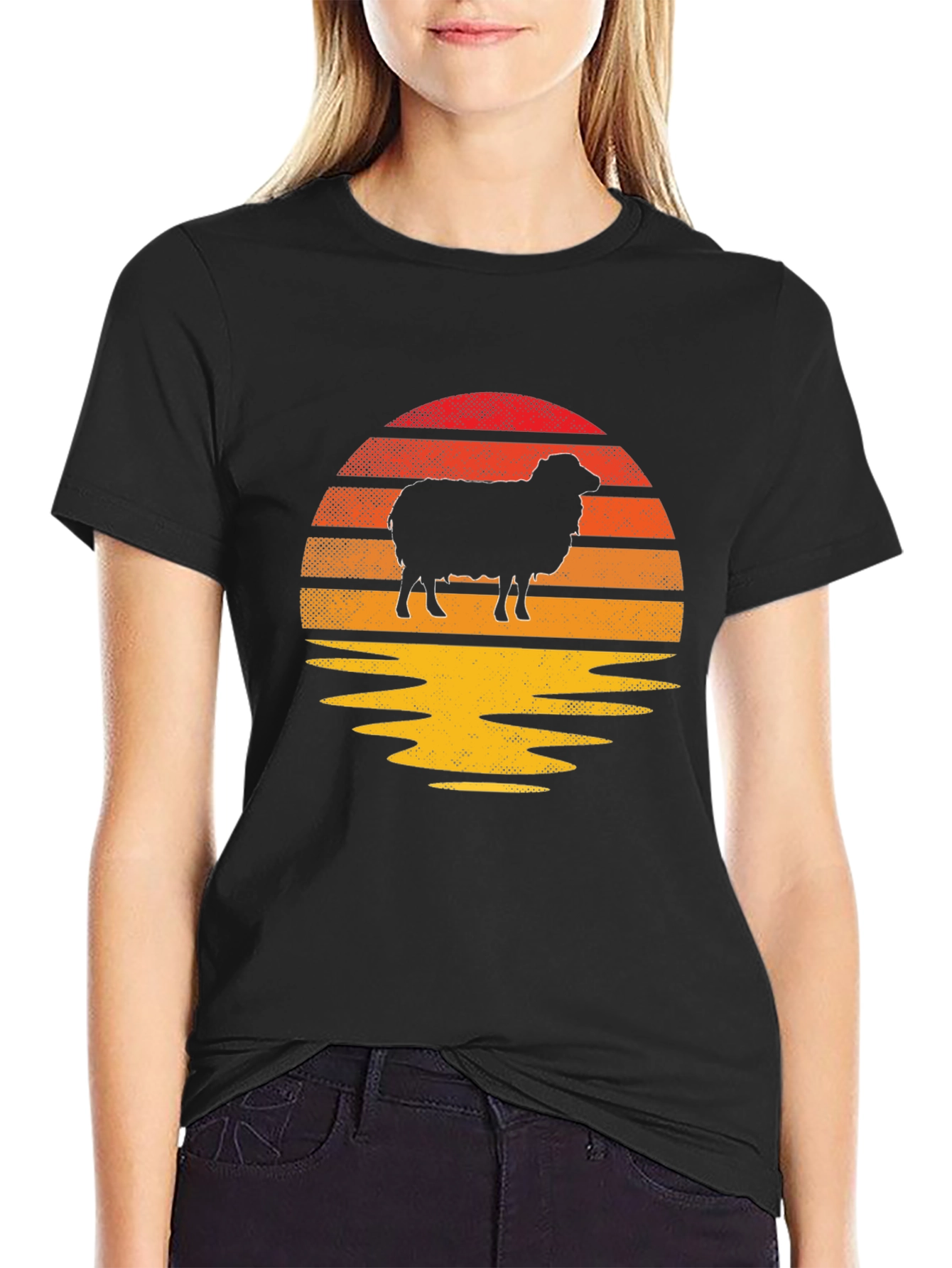 Retro Sheep Sunset Graphic Tee - Black Cotton Blend