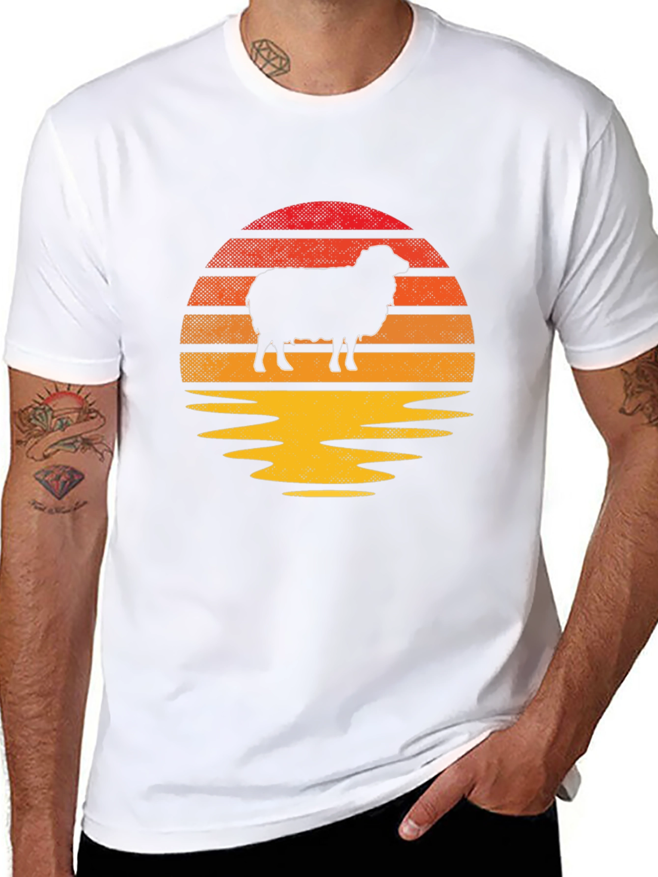 Retro Sheep Sunset Graphic Tee - Black Cotton Blend