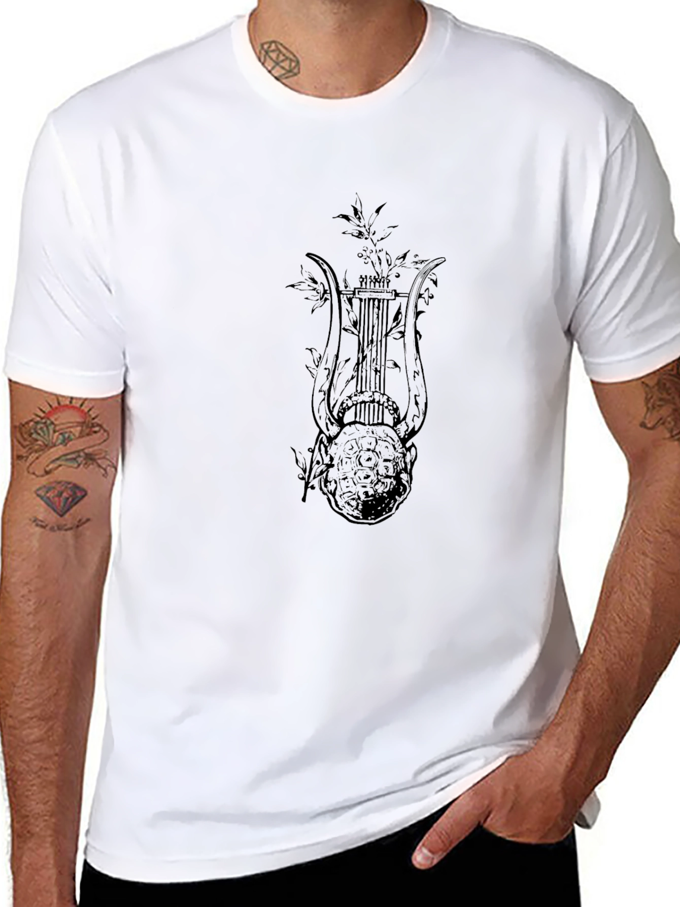Mens Black T-Shirt with Lyre Graphic Print