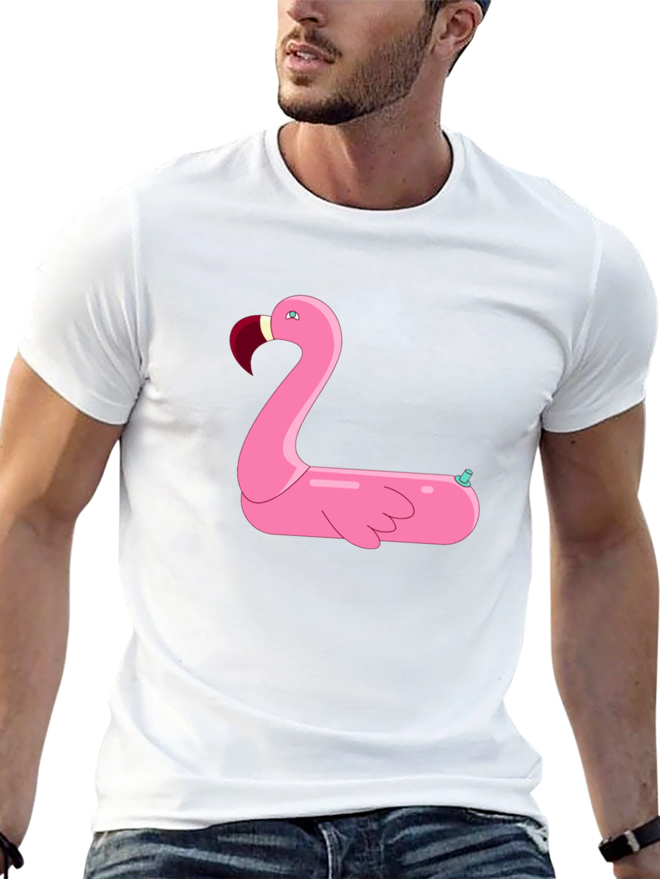 Black T-Shirt with Pink Flamingo Float Design