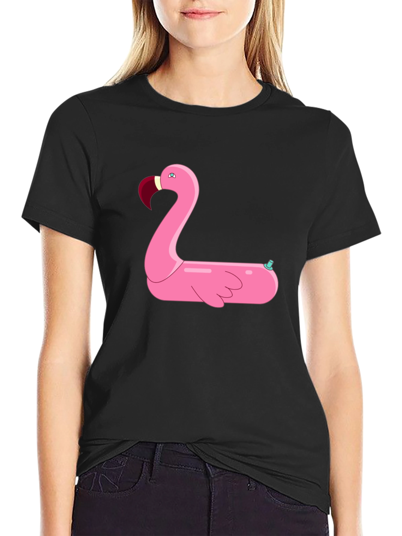 Black T-Shirt with Pink Flamingo Float Design
