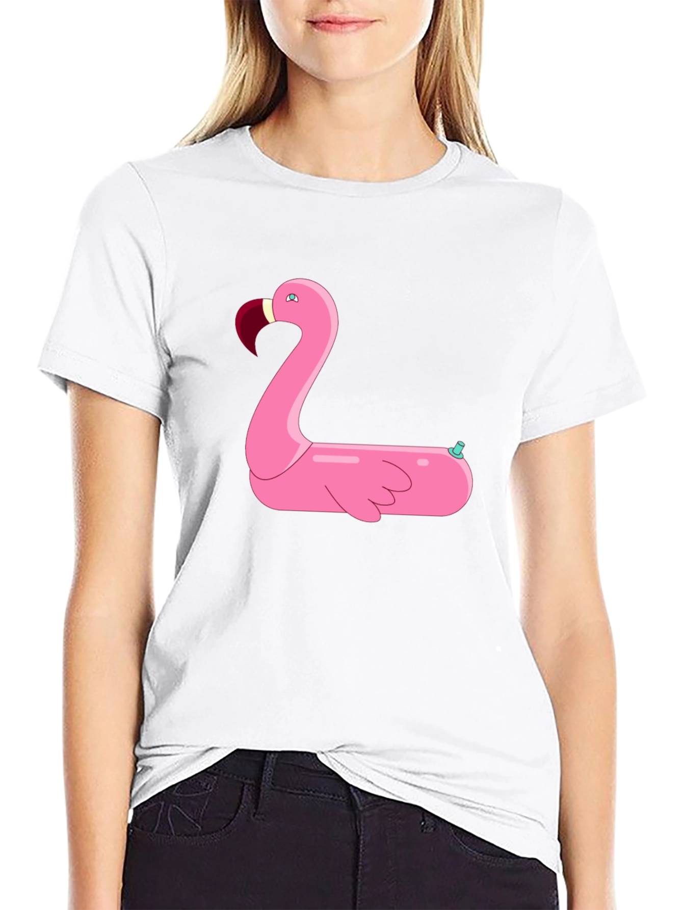 Black T-Shirt with Pink Flamingo Float Design