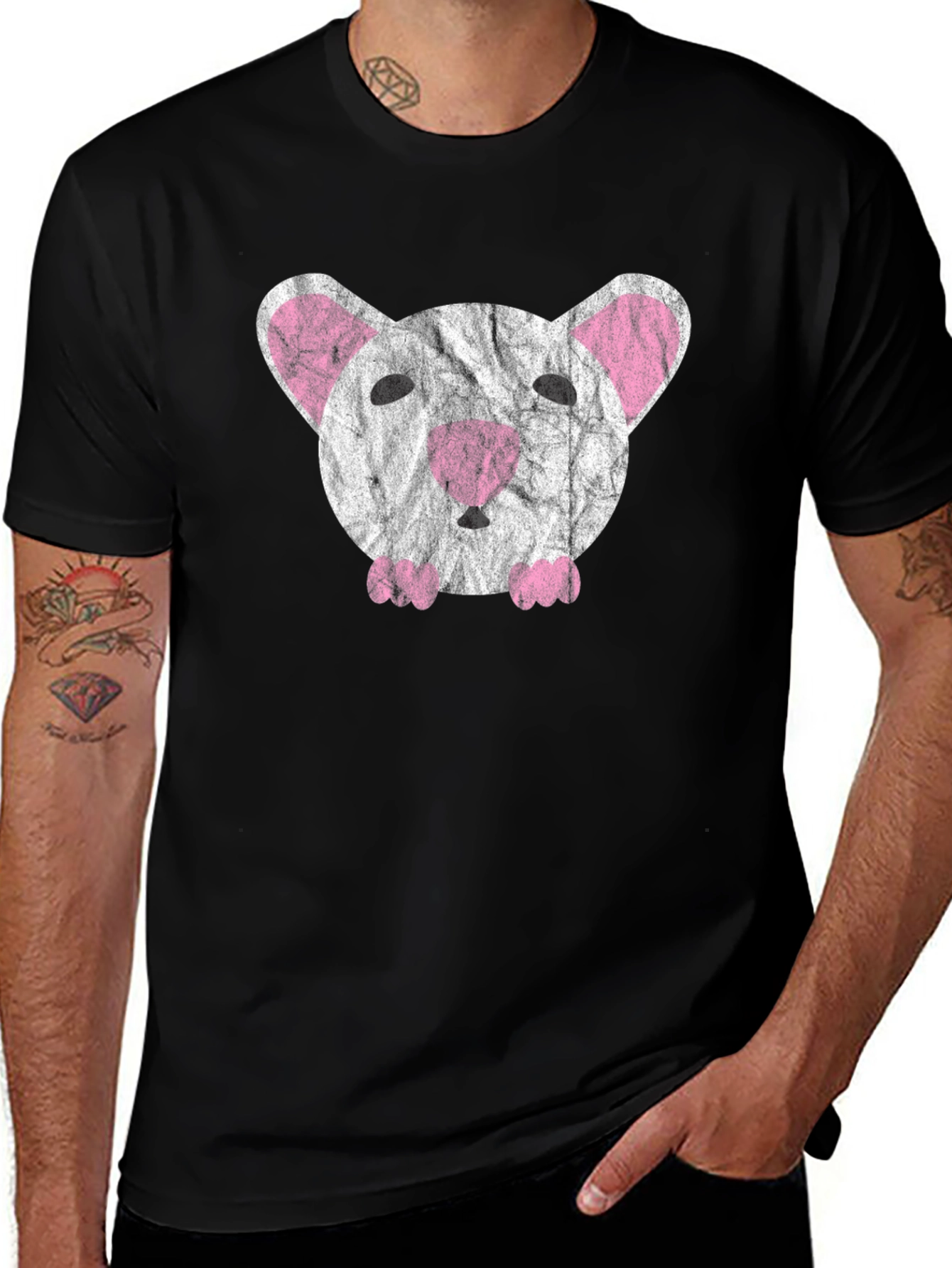 Cute Distressed Mouse Graphic T-Shirt - Black