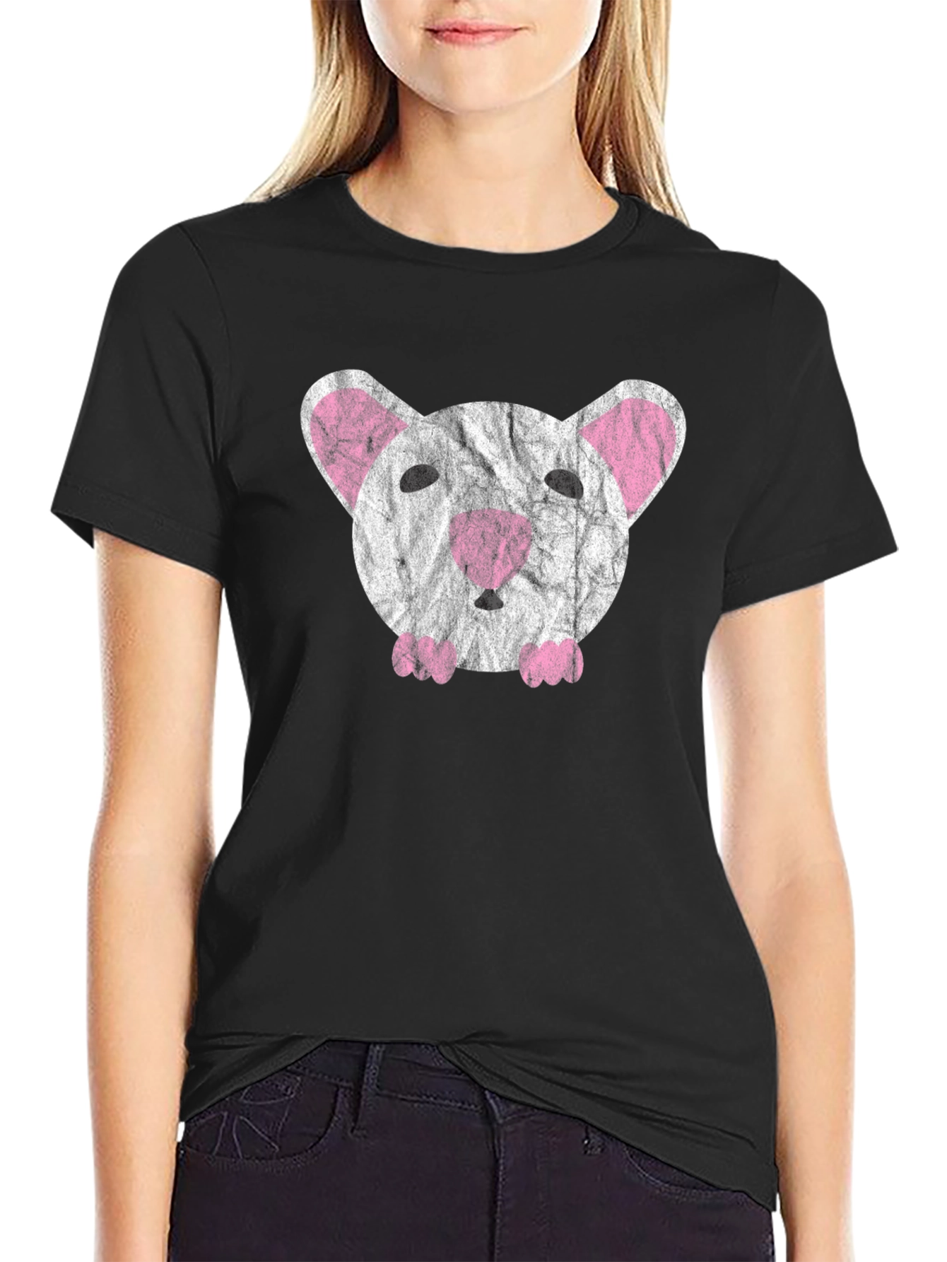Cute Distressed Mouse Graphic T-Shirt - Black