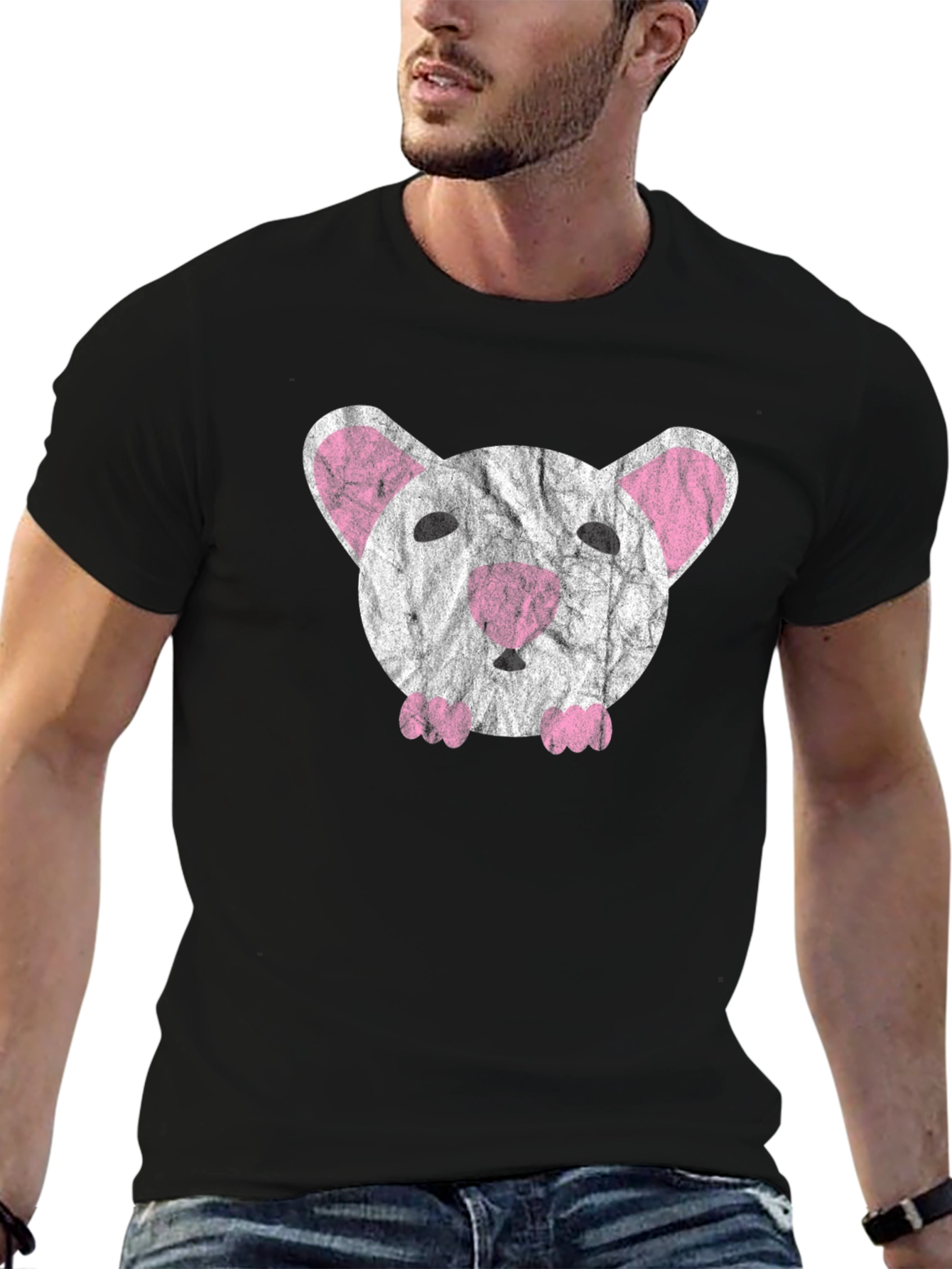 Cute Distressed Mouse Graphic T-Shirt - Black