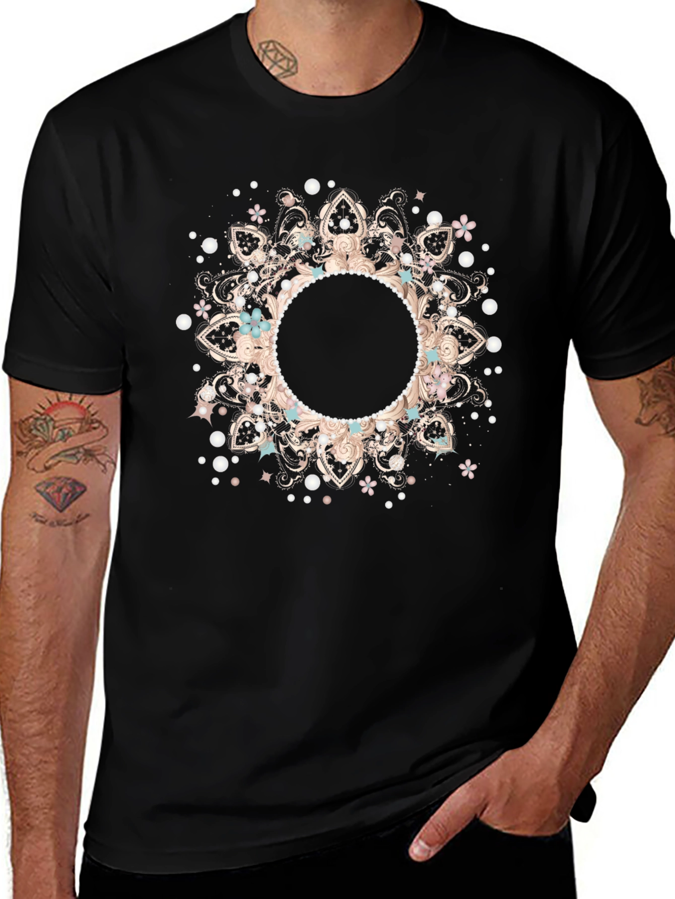 Boho Floral Mandala Black T-Shirt