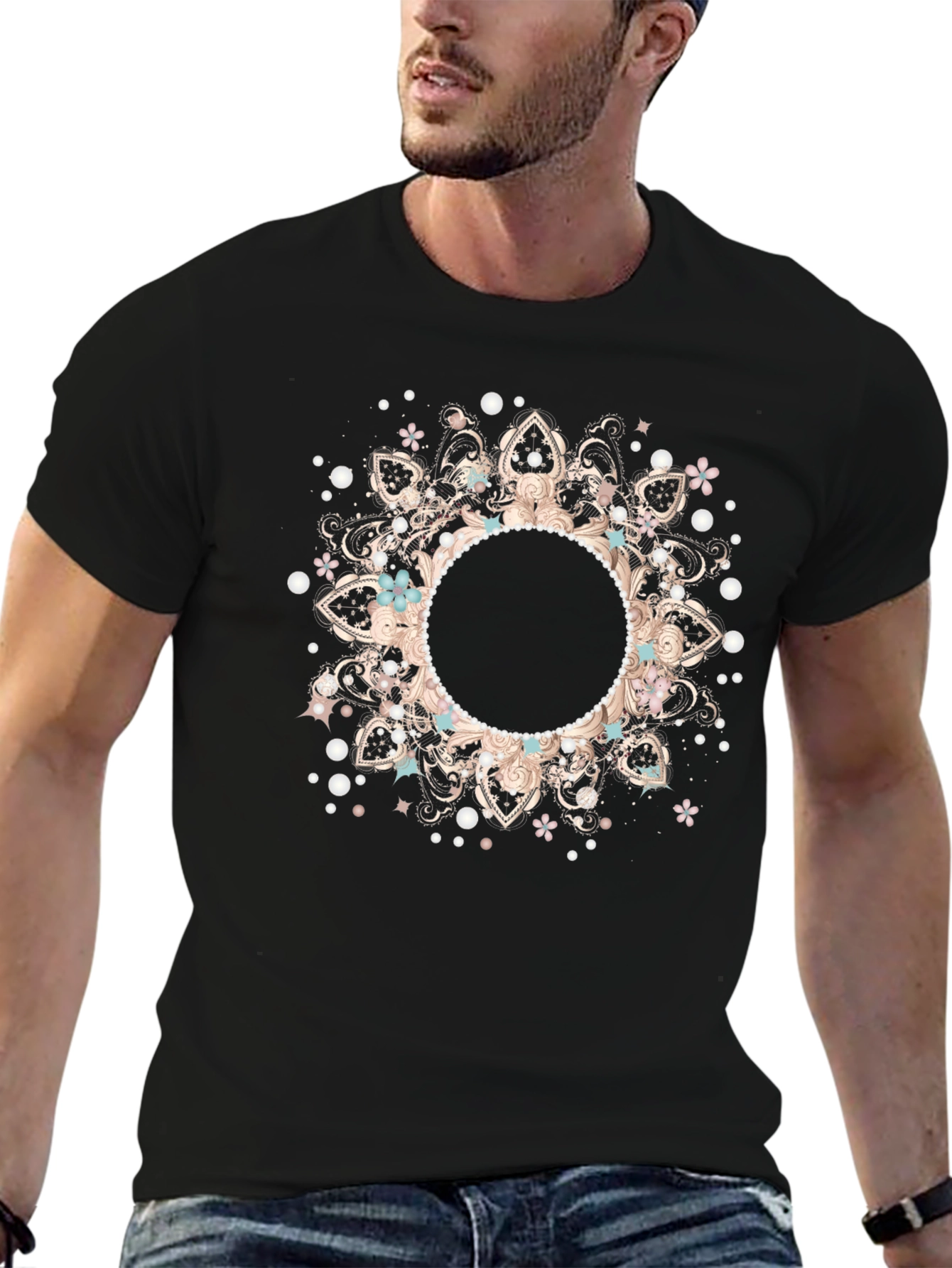 Boho Floral Mandala Black T-Shirt