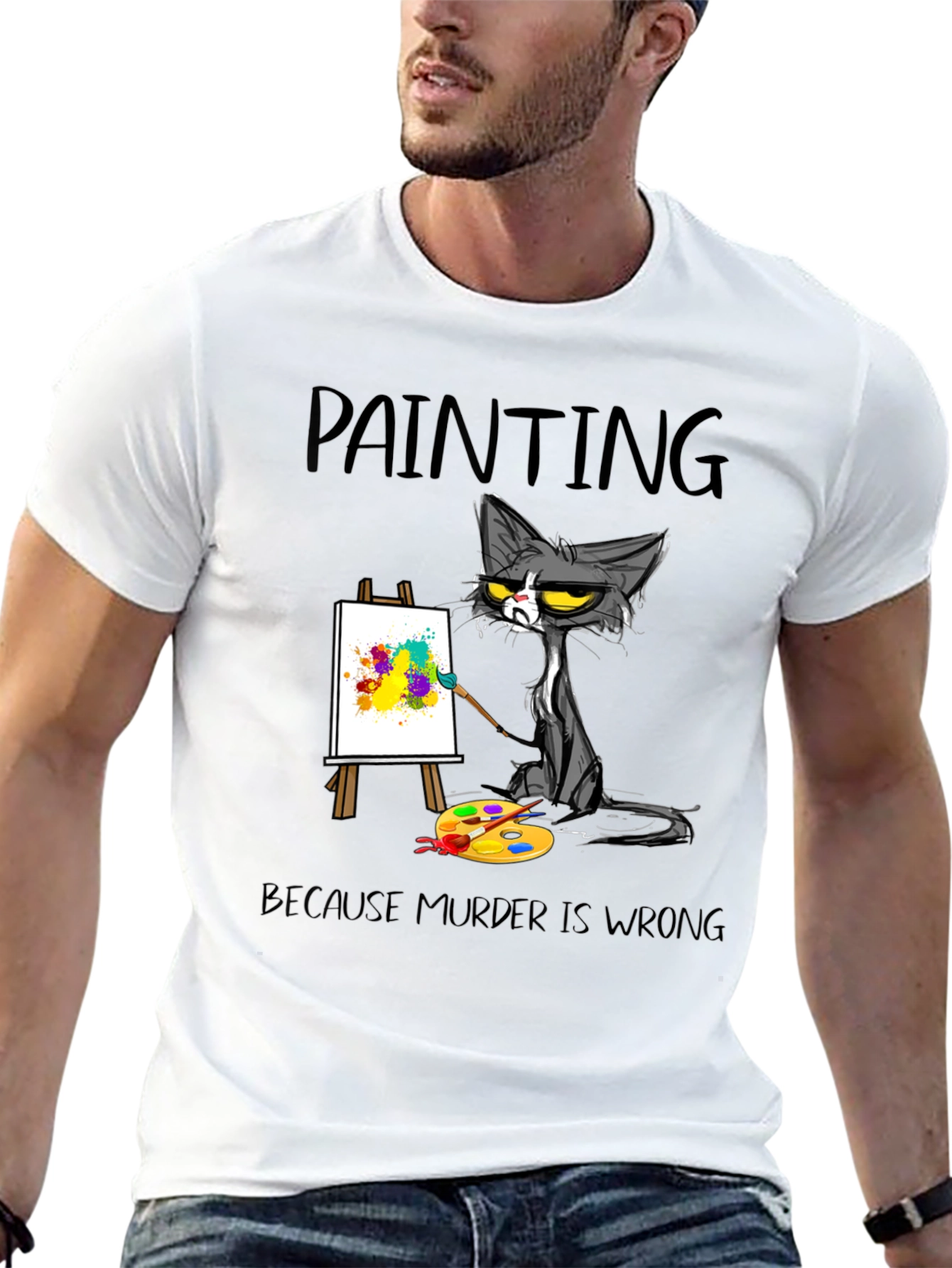 Funny Cat Painting T-Shirt - Murder is Wrong