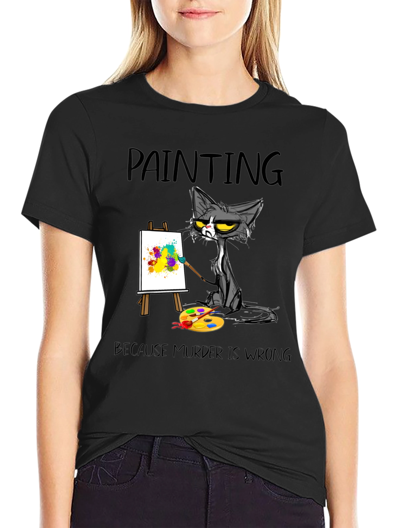 Funny Cat Painting T-Shirt - Murder is Wrong