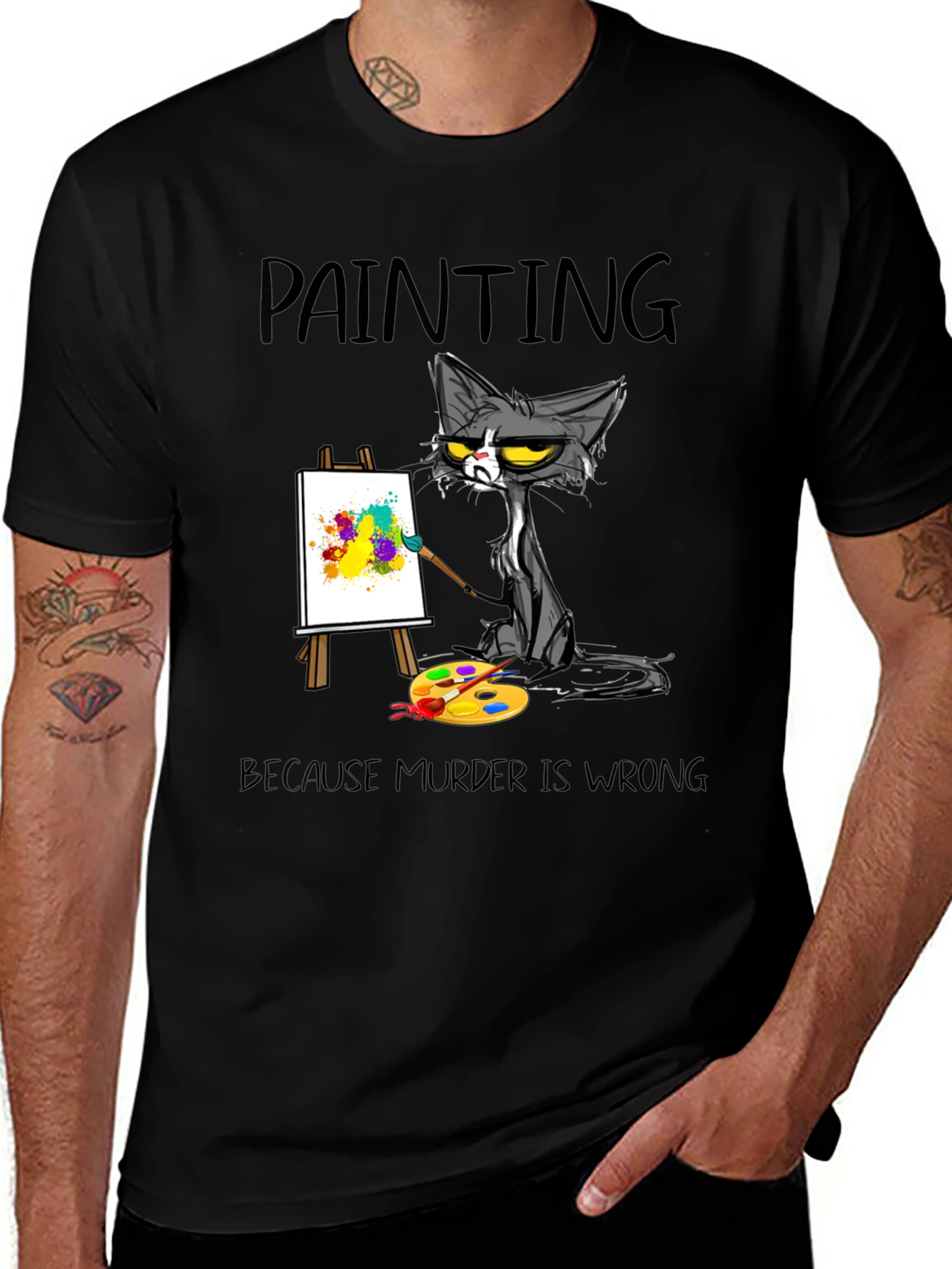 Funny Cat Painting T-Shirt - Murder is Wrong
