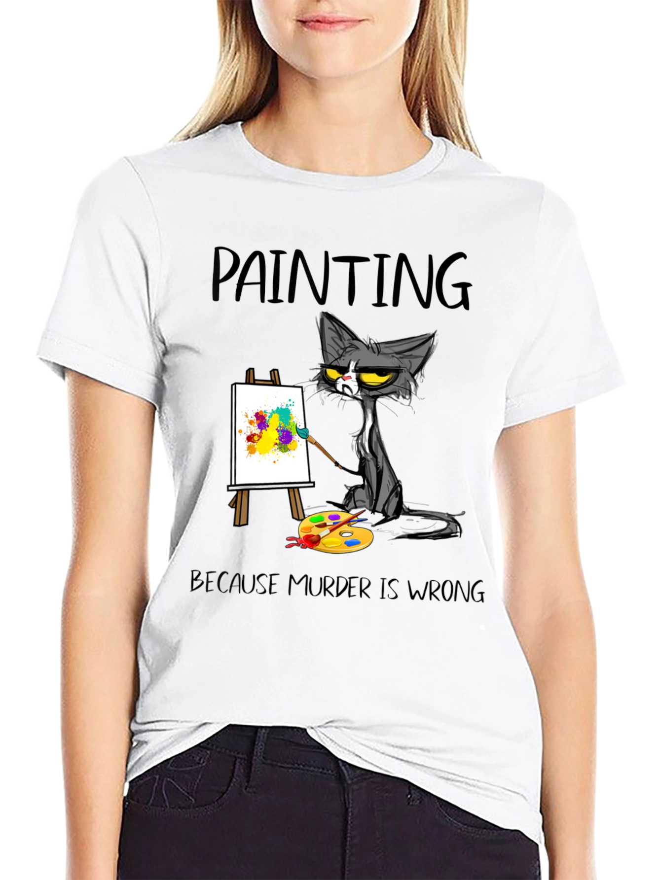 Funny Cat Painting T-Shirt - Murder is Wrong