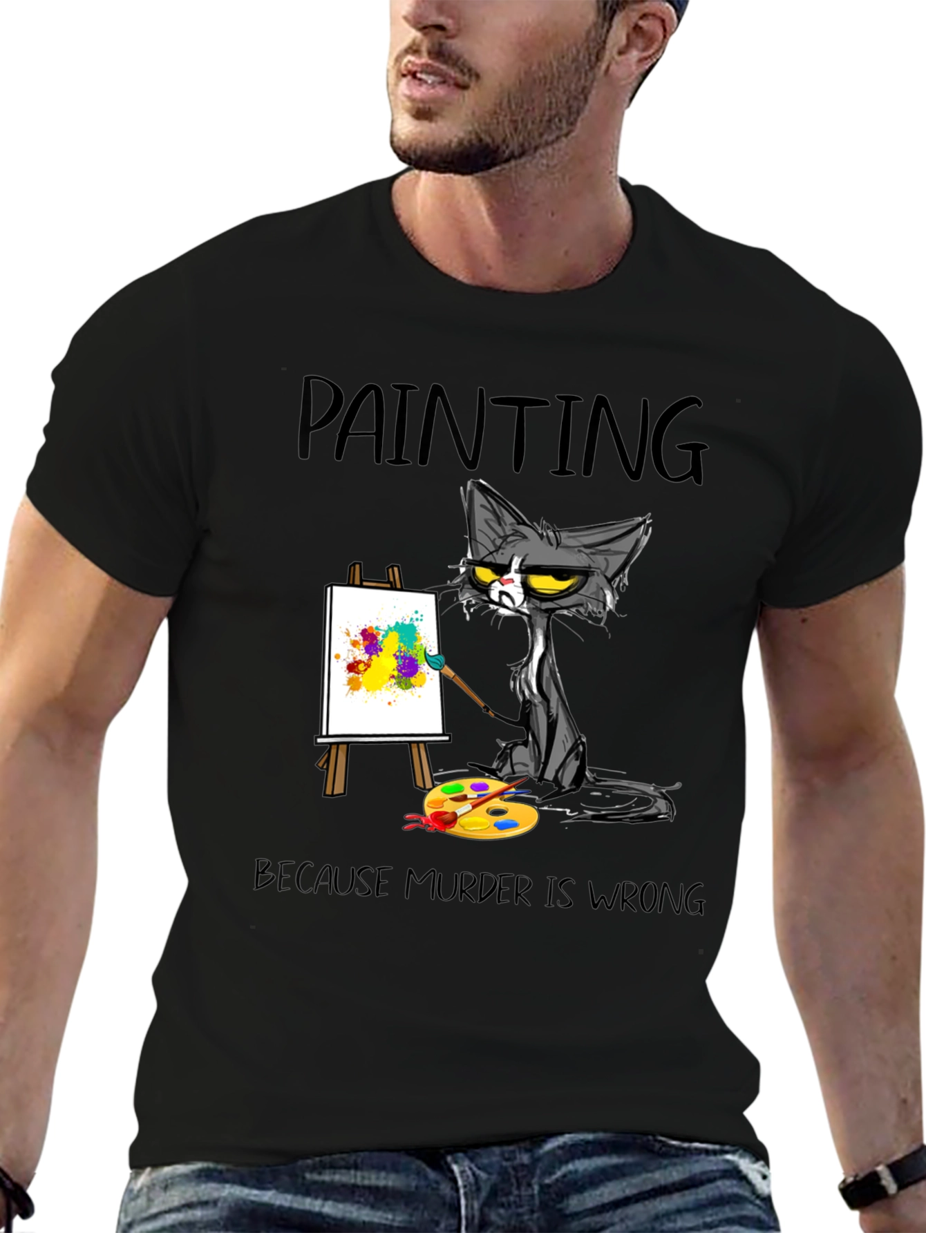 Funny Cat Painting T-Shirt - Murder is Wrong