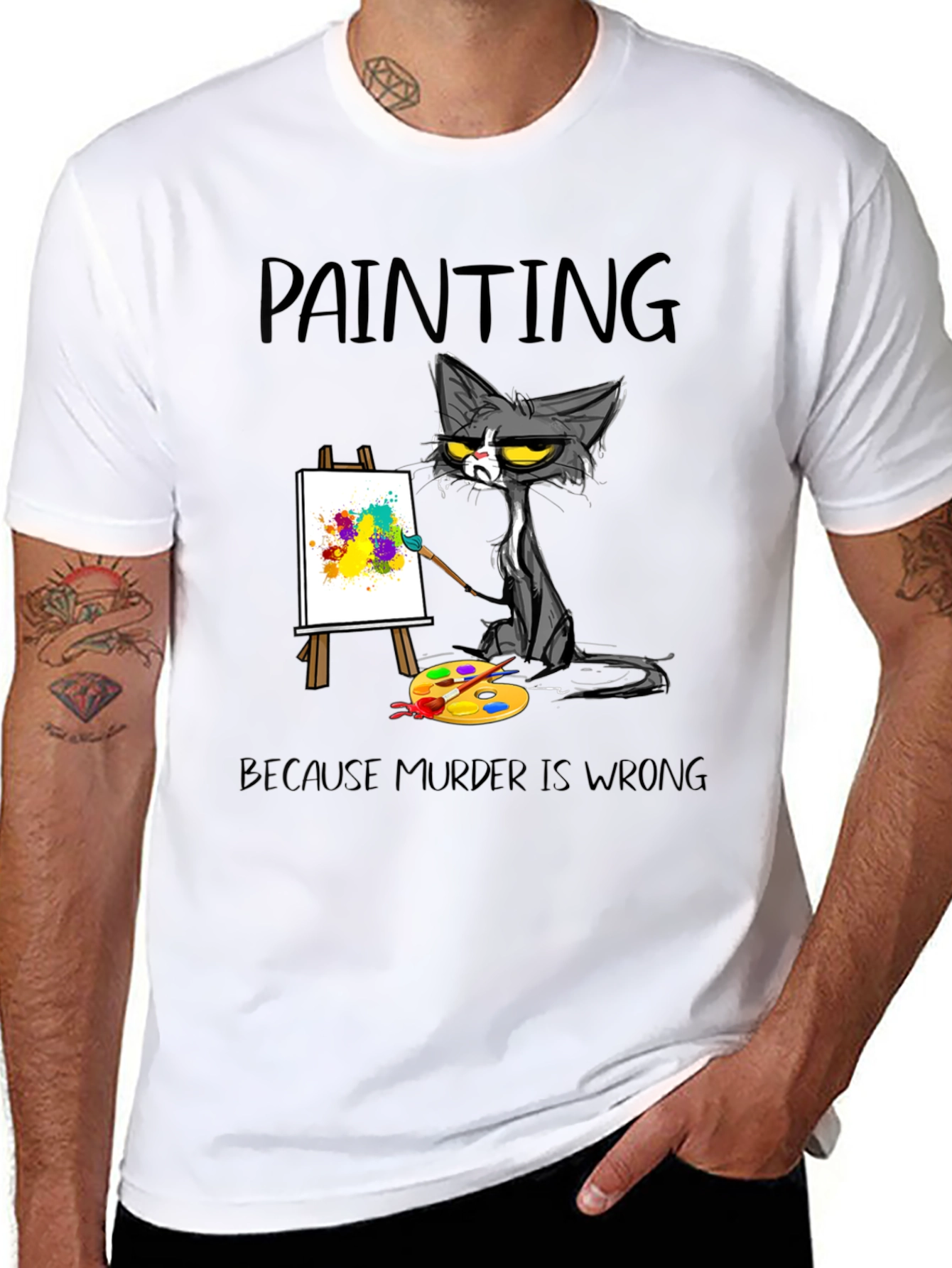 Funny Cat Painting T-Shirt - Murder is Wrong