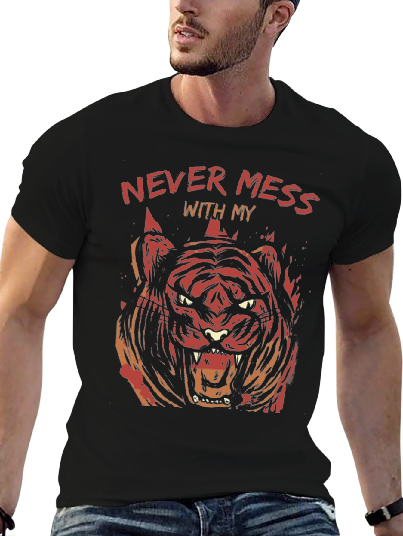 Mens Black Graphic Tee - Tiger Design