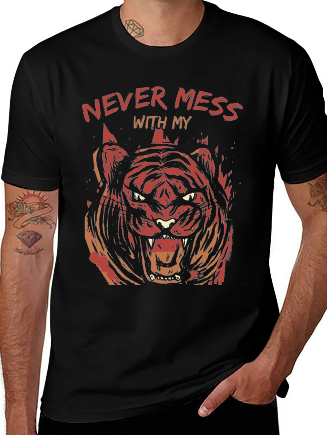 Mens Black Graphic Tee - Tiger Design