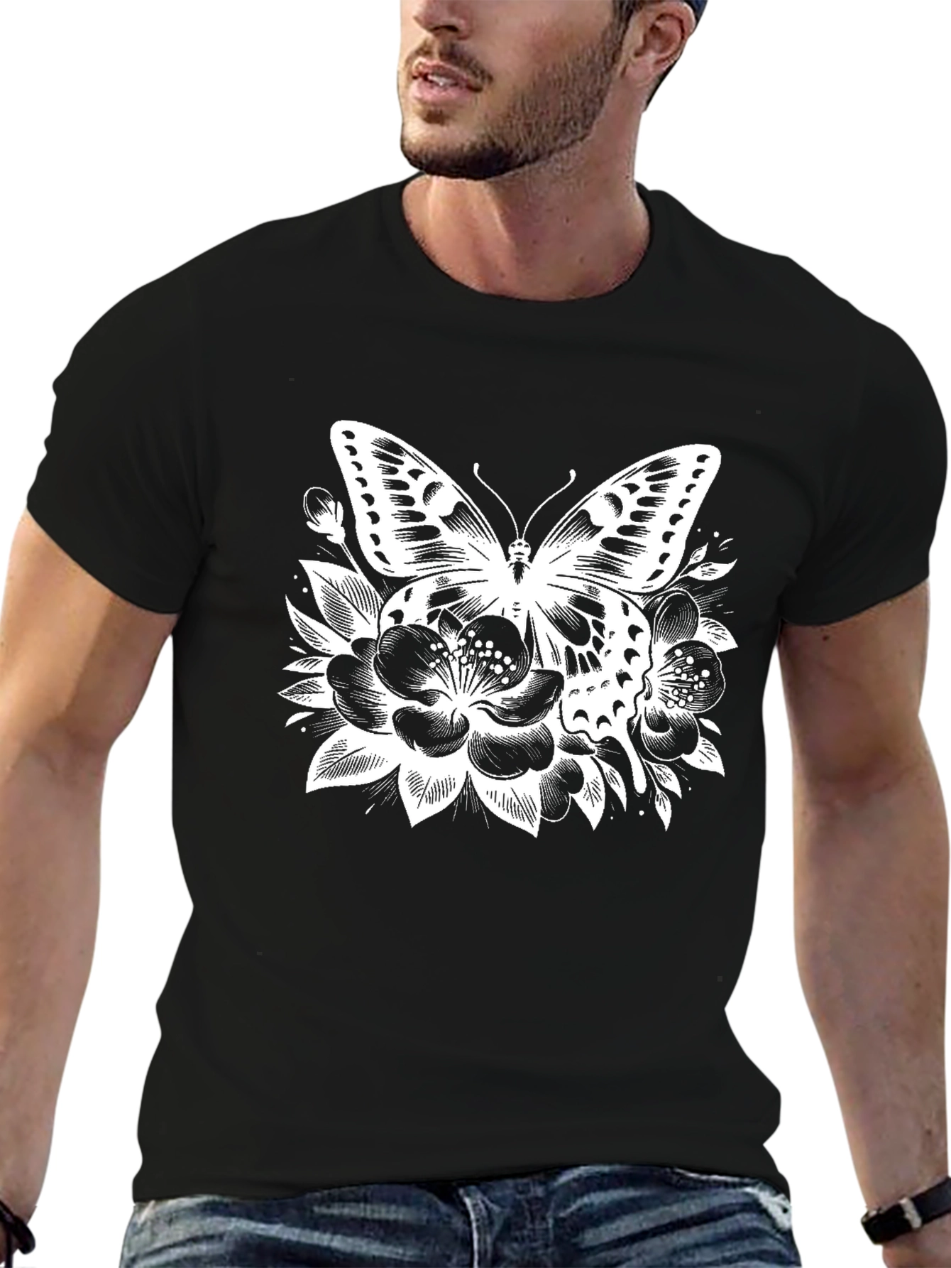 Butterfly Floral Print Black T-Shirt