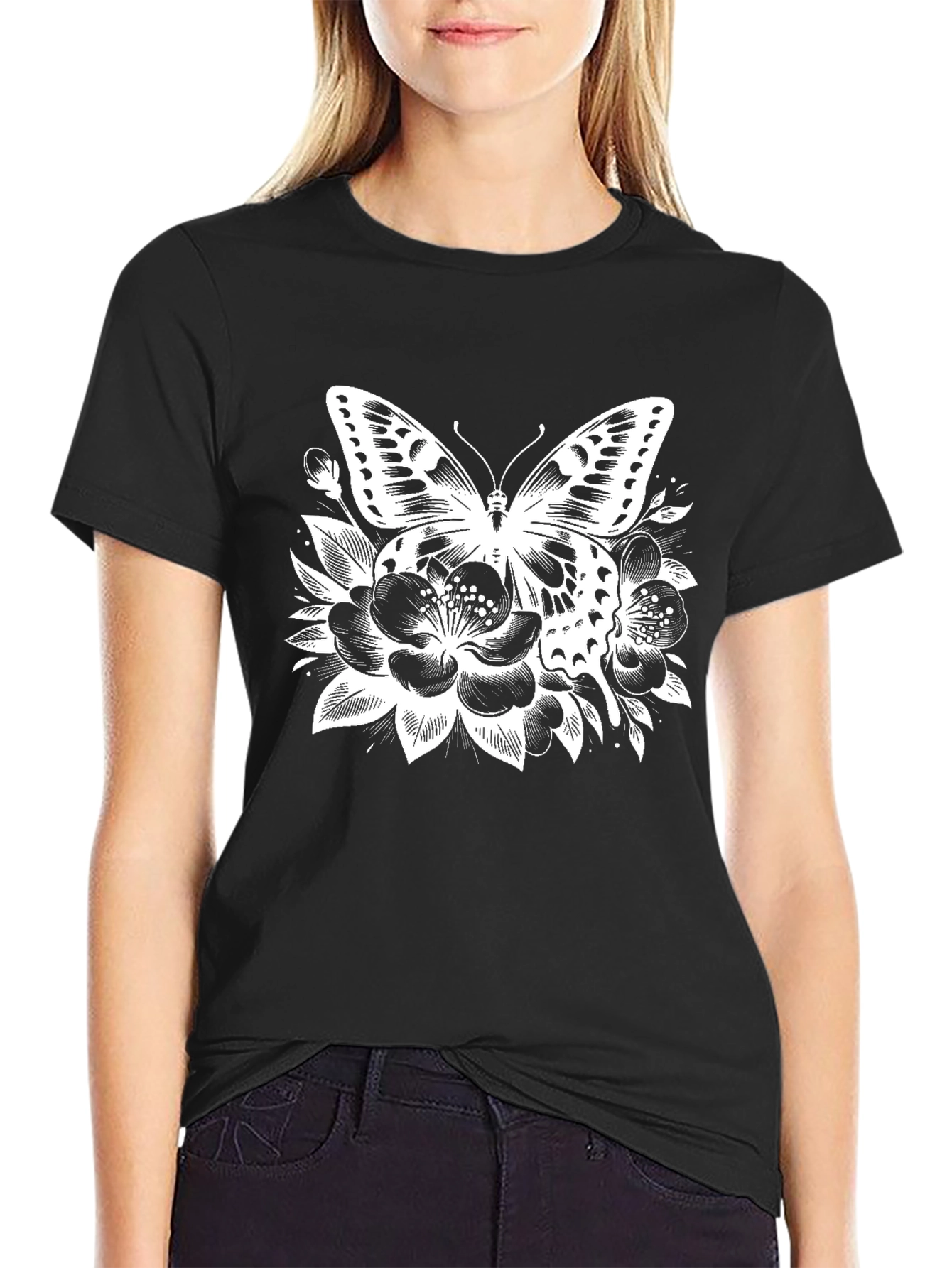 Butterfly Floral Print Black T-Shirt