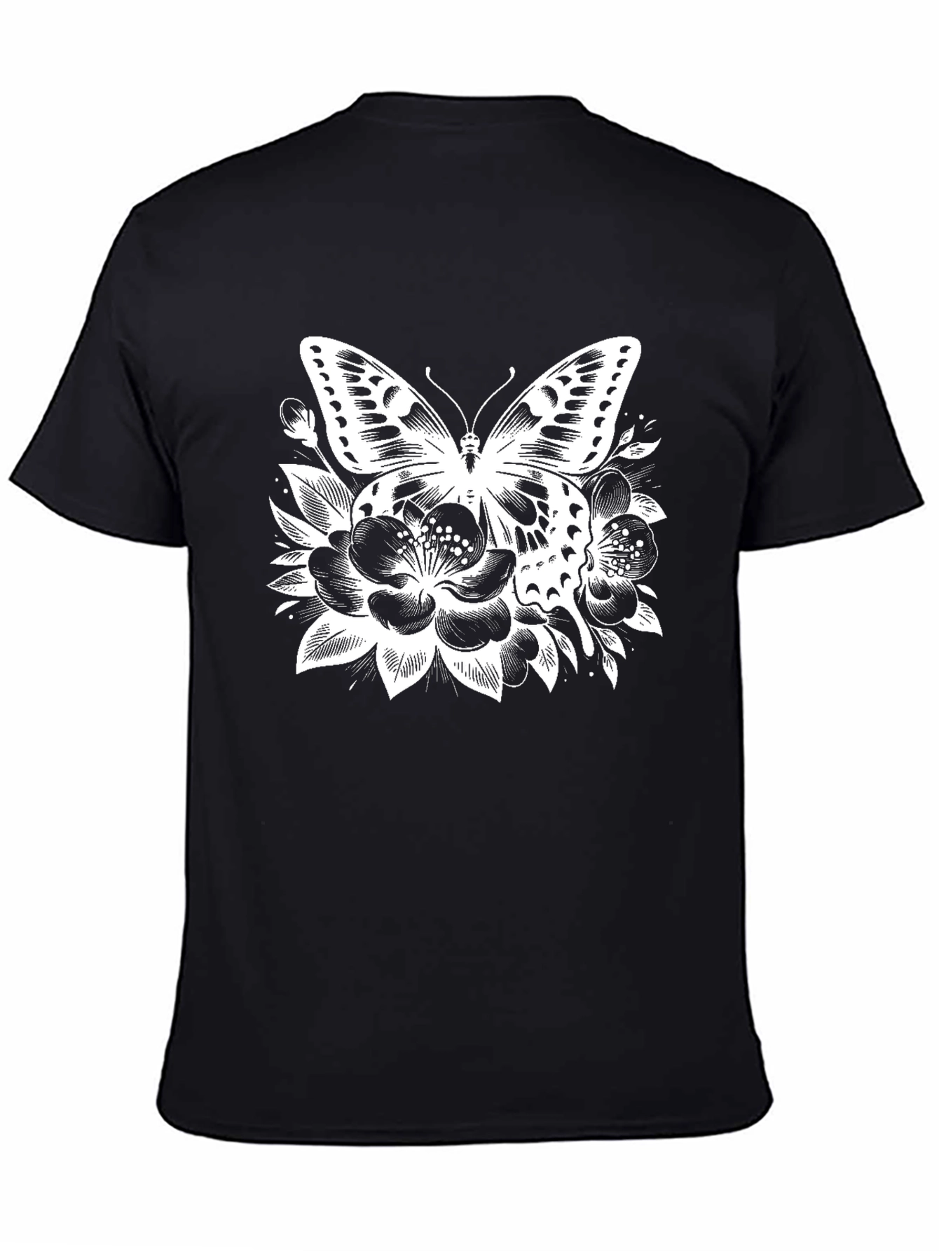 Butterfly Floral Print Black T-Shirt