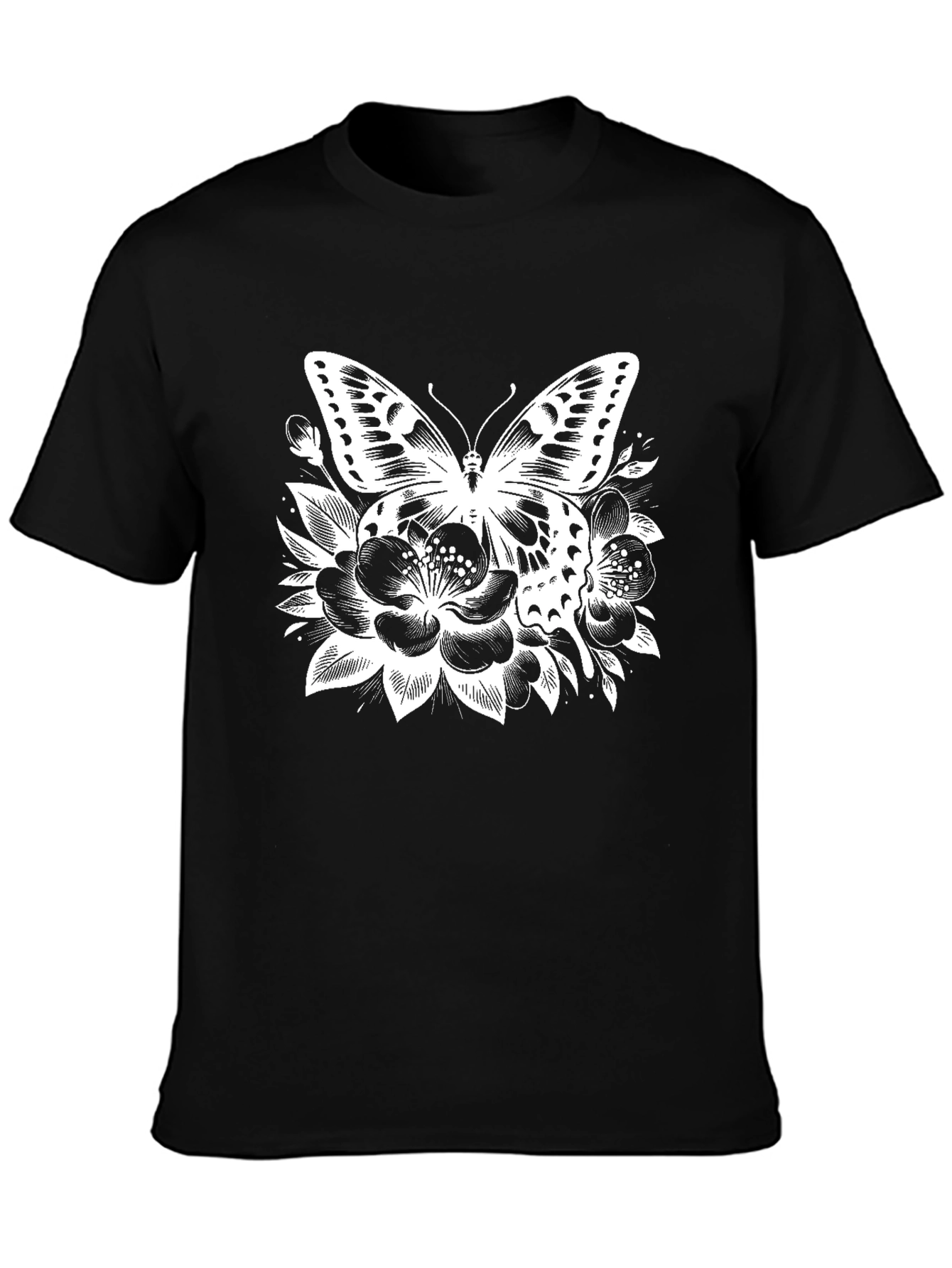Butterfly Floral Print Black T-Shirt