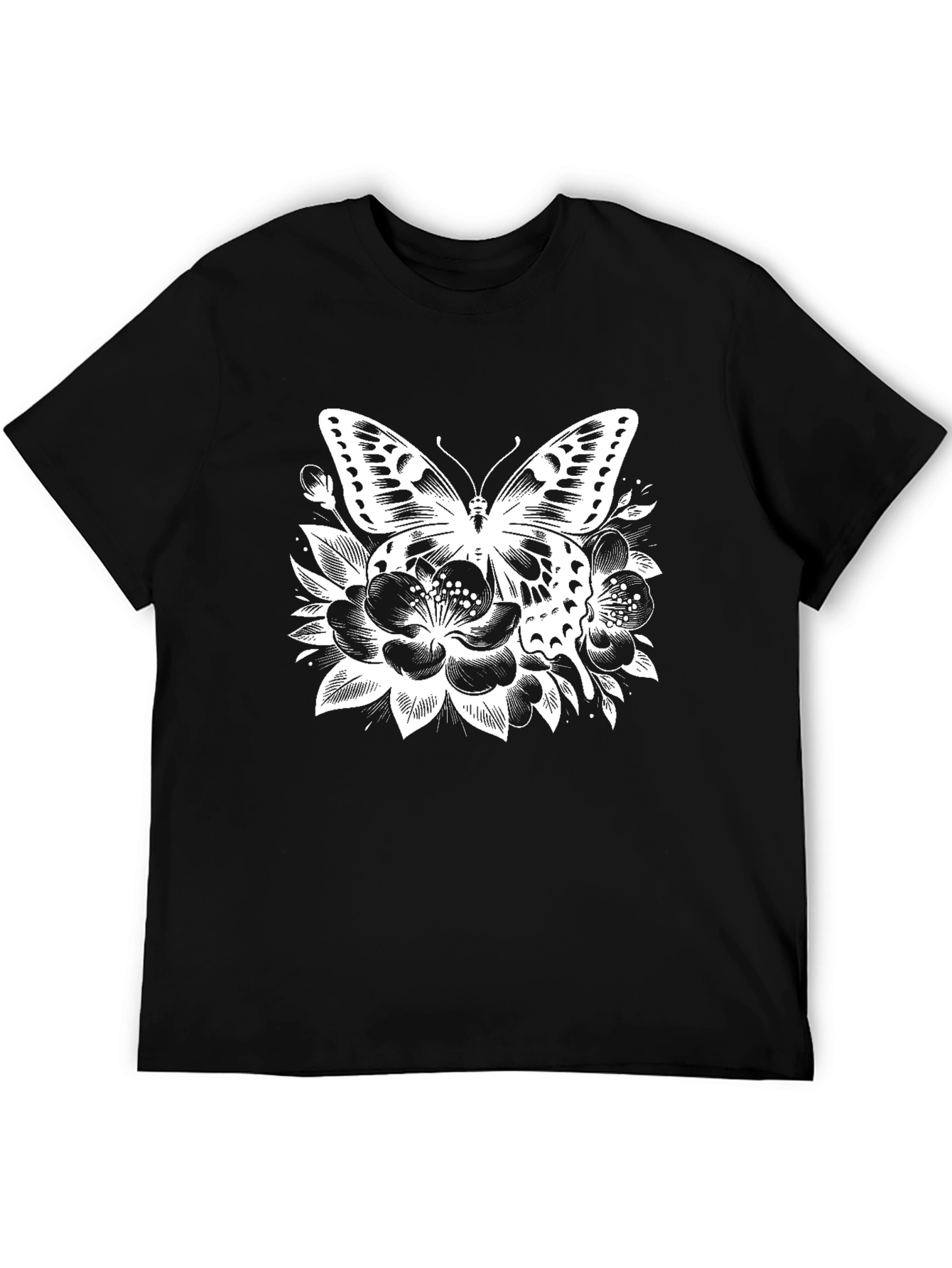 Butterfly Floral Print Black T-Shirt