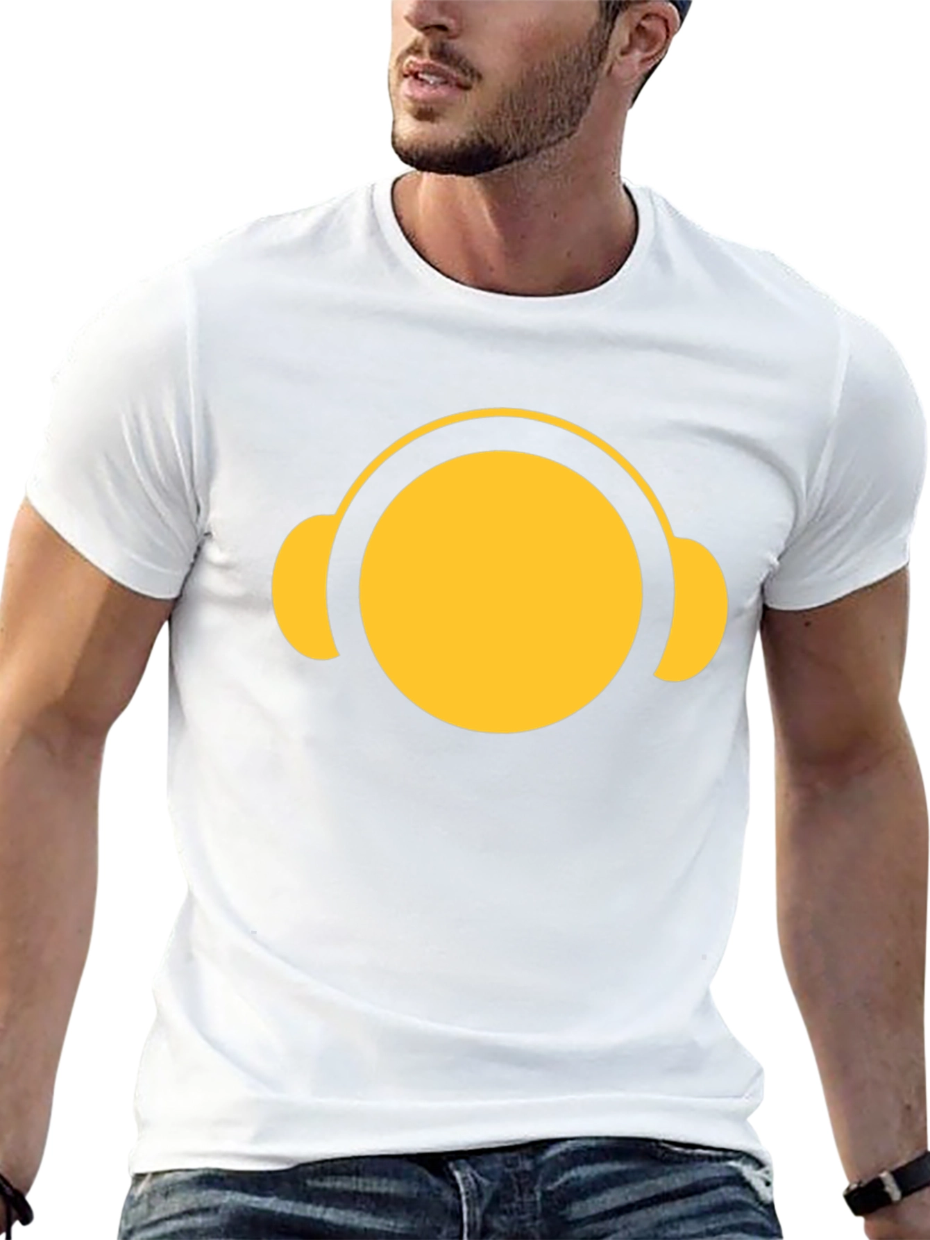 Yellow Headphone Graphic Tee - Casual Black T-Shirt