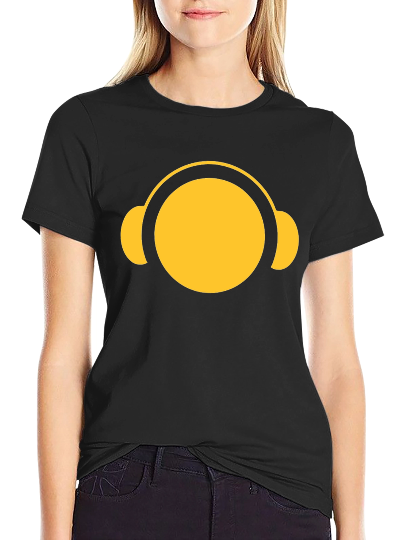Yellow Headphone Graphic Tee - Casual Black T-Shirt