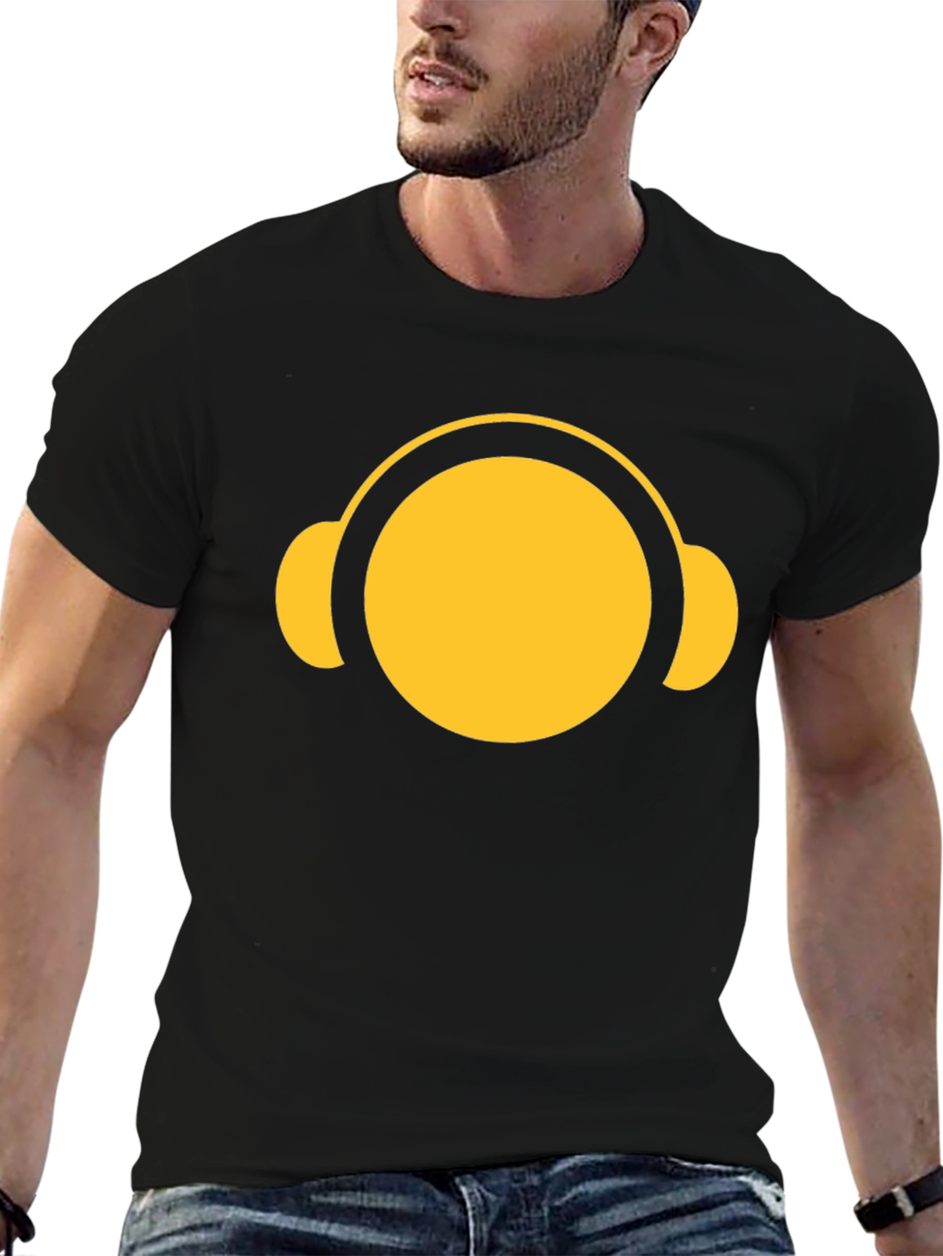 Yellow Headphone Graphic Tee - Casual Black T-Shirt