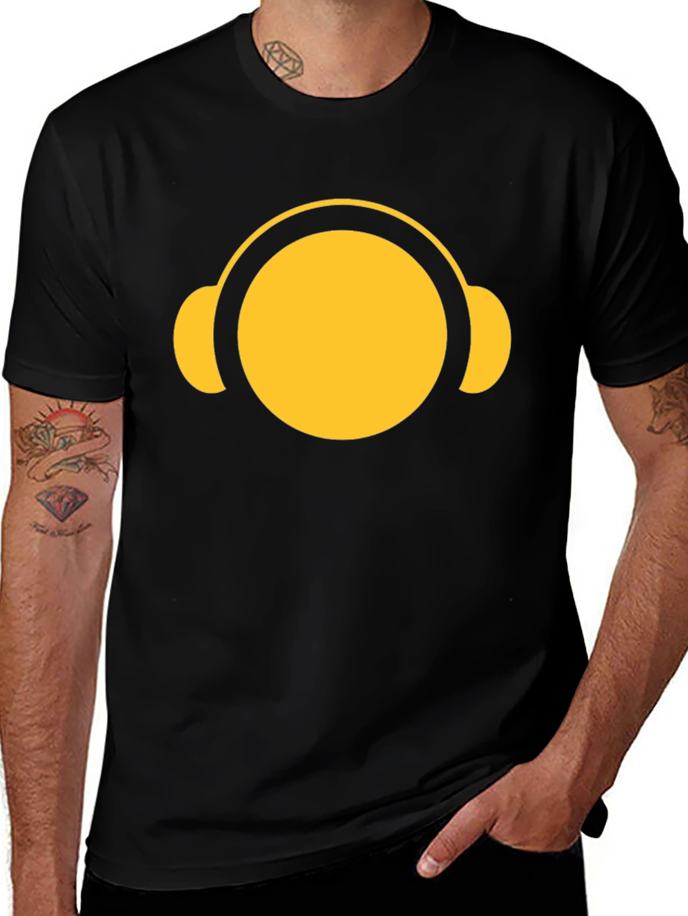 Yellow Headphone Graphic Tee - Casual Black T-Shirt