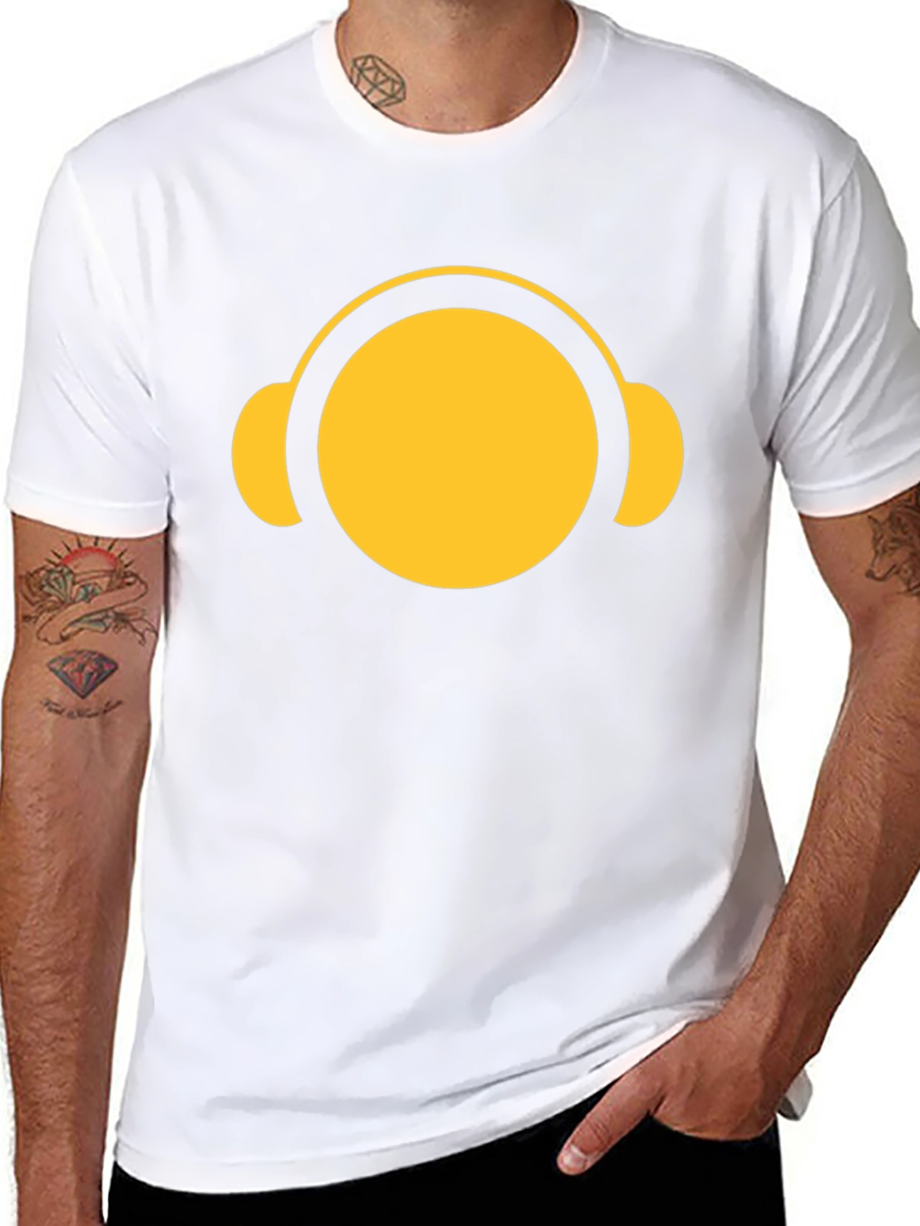 Yellow Headphone Graphic Tee - Casual Black T-Shirt