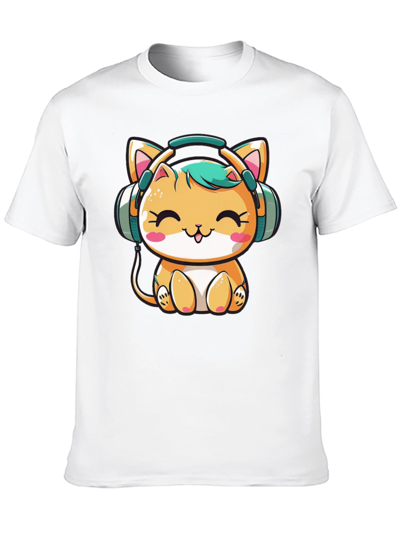 Cute Cat with Headphones Black T-Shirt