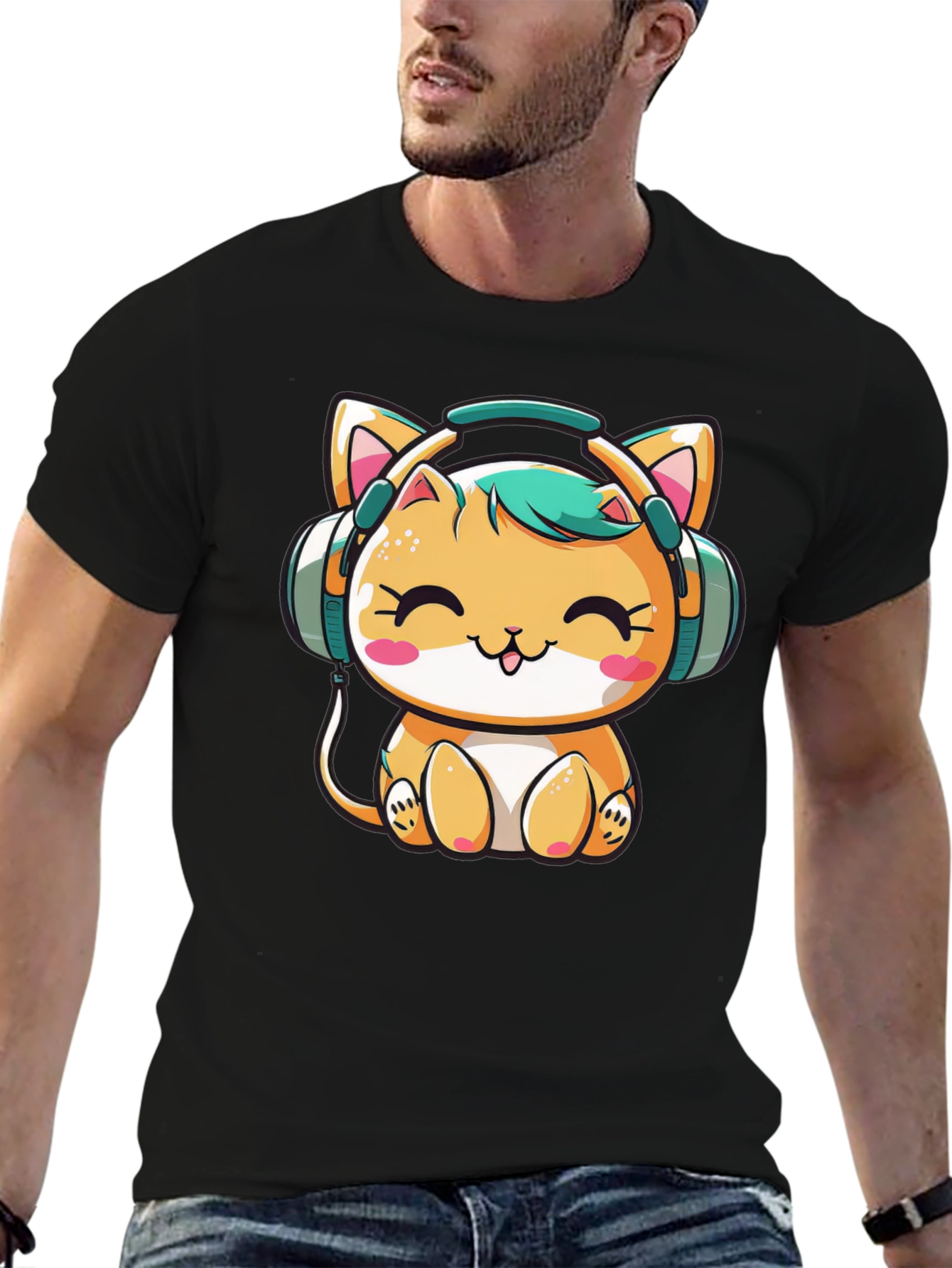 Cute Cat with Headphones Black T-Shirt