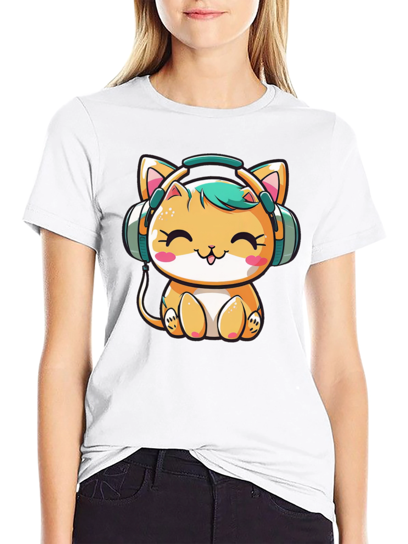 Cute Cat with Headphones Black T-Shirt