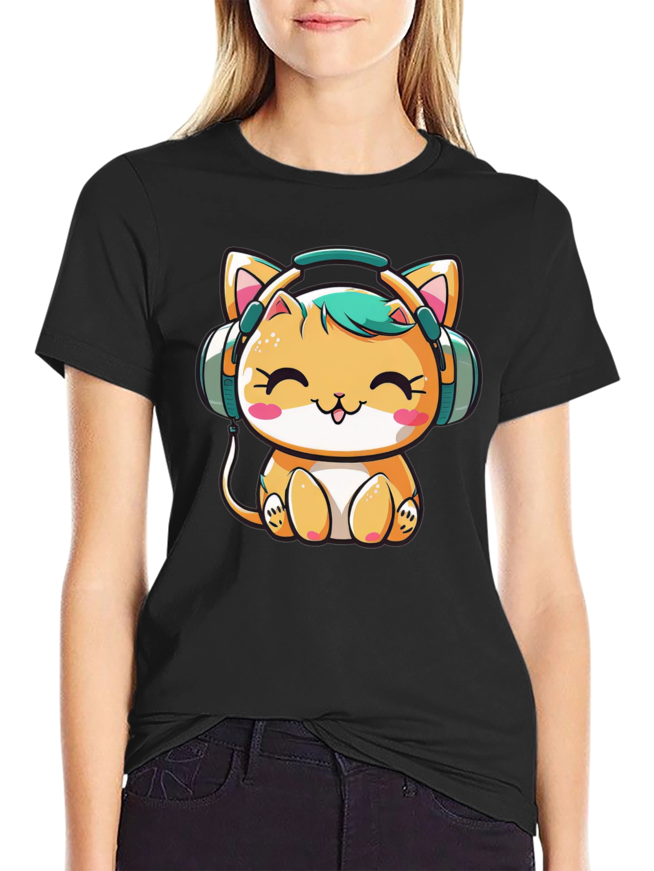Cute Cat with Headphones Black T-Shirt