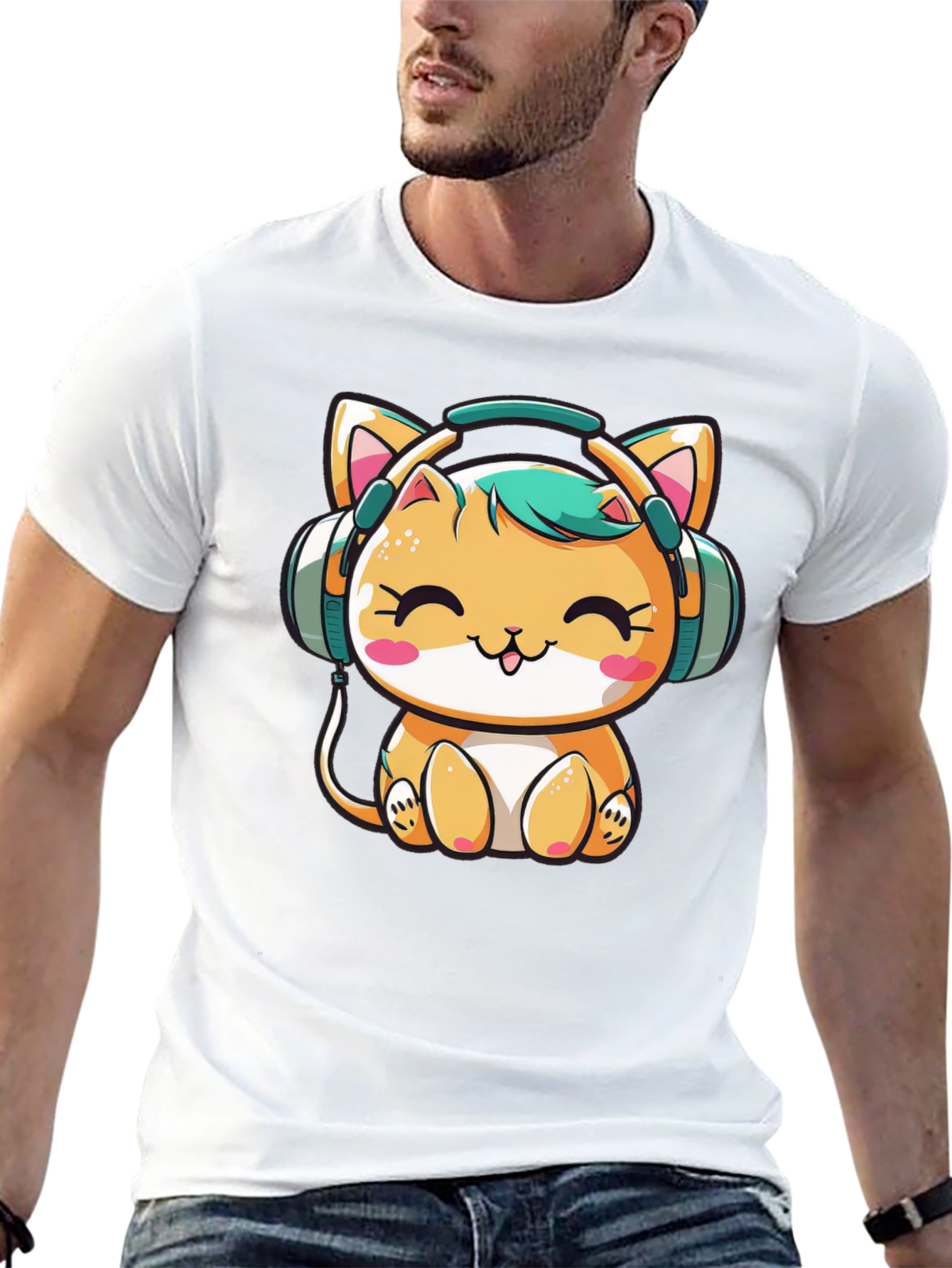 Cute Cat with Headphones Black T-Shirt