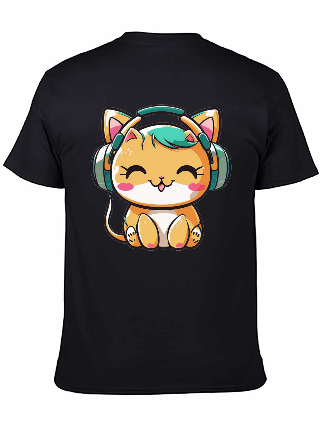 Cute Cat with Headphones Black T-Shirt