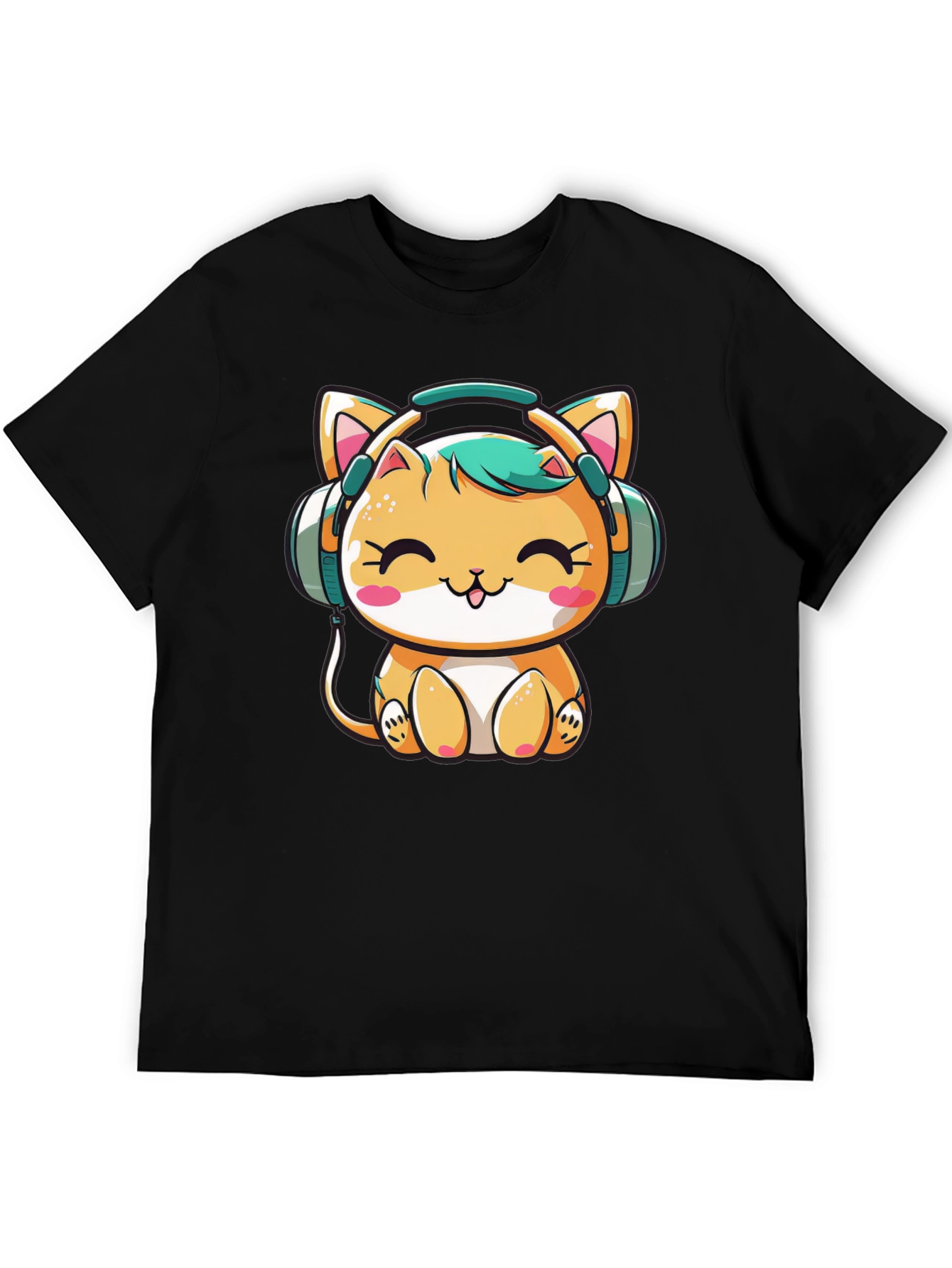 Cute Cat with Headphones Black T-Shirt