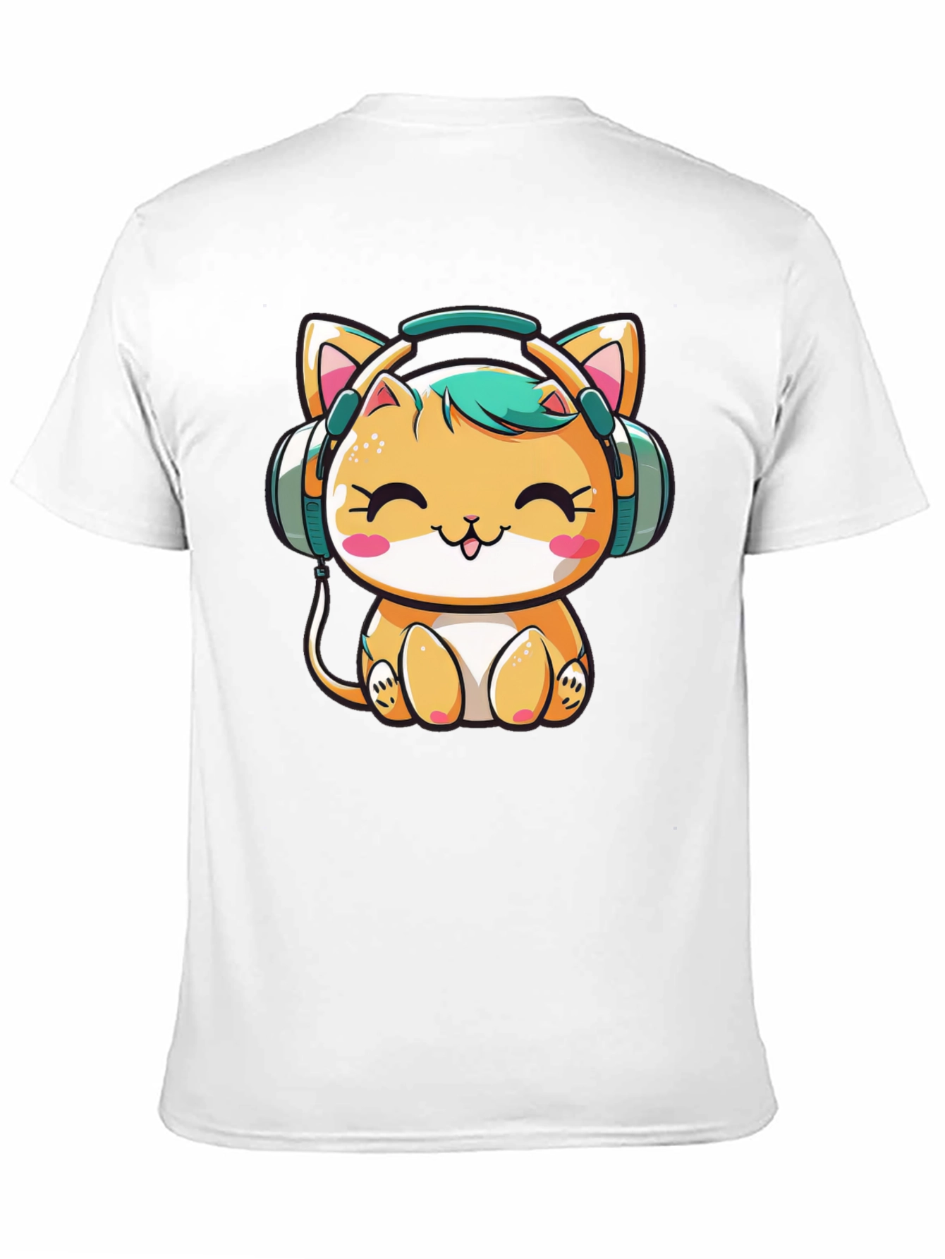 Cute Cat with Headphones Black T-Shirt