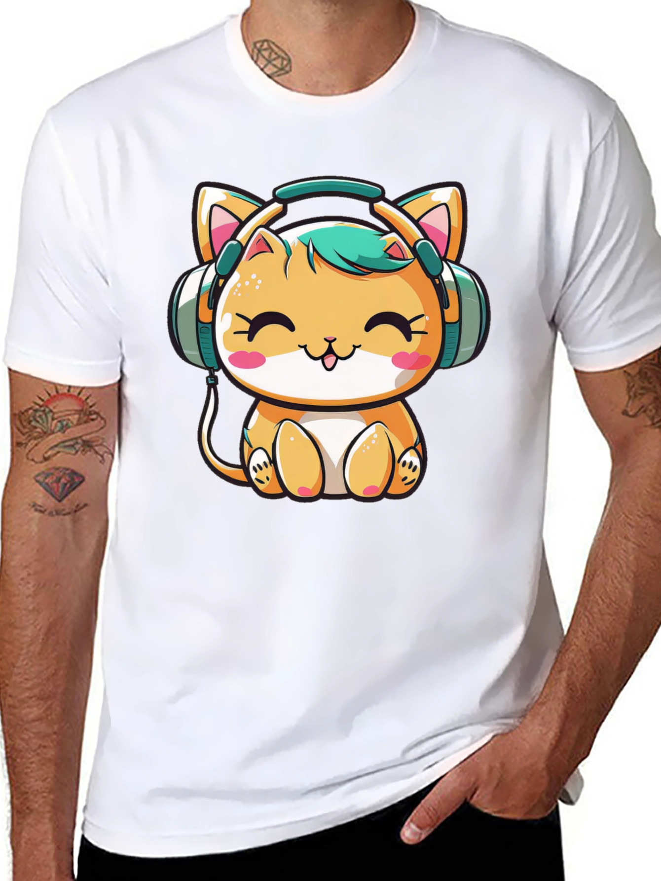 Cute Cat with Headphones Black T-Shirt