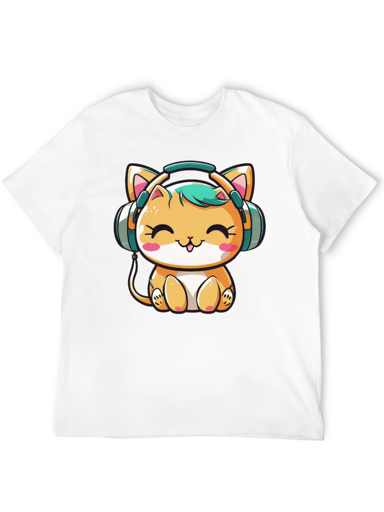Cute Cat with Headphones Black T-Shirt