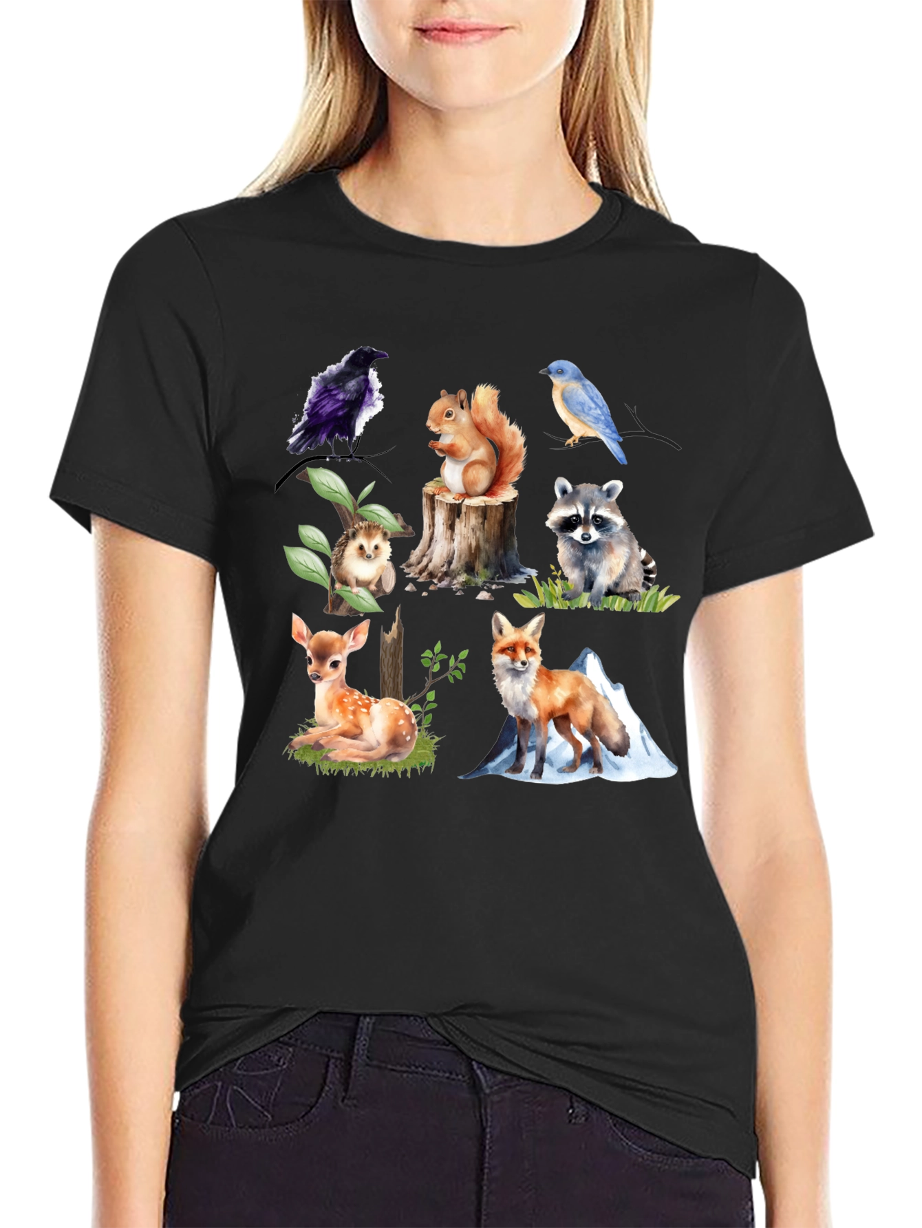 Wildlife Animal Print Black T-Shirt