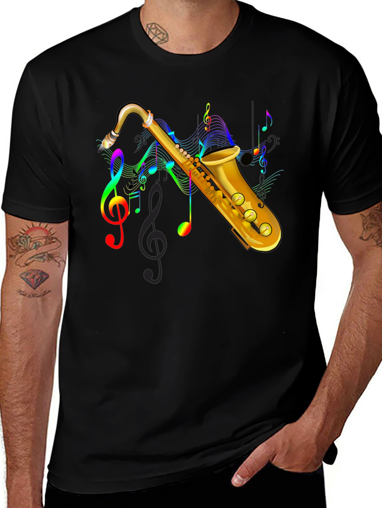 Saxophone Music Note Graphic Tee - Black