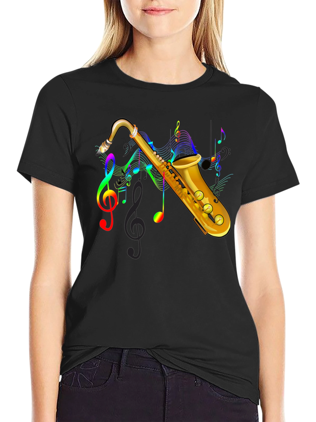 Saxophone Music Note Graphic Tee - Black