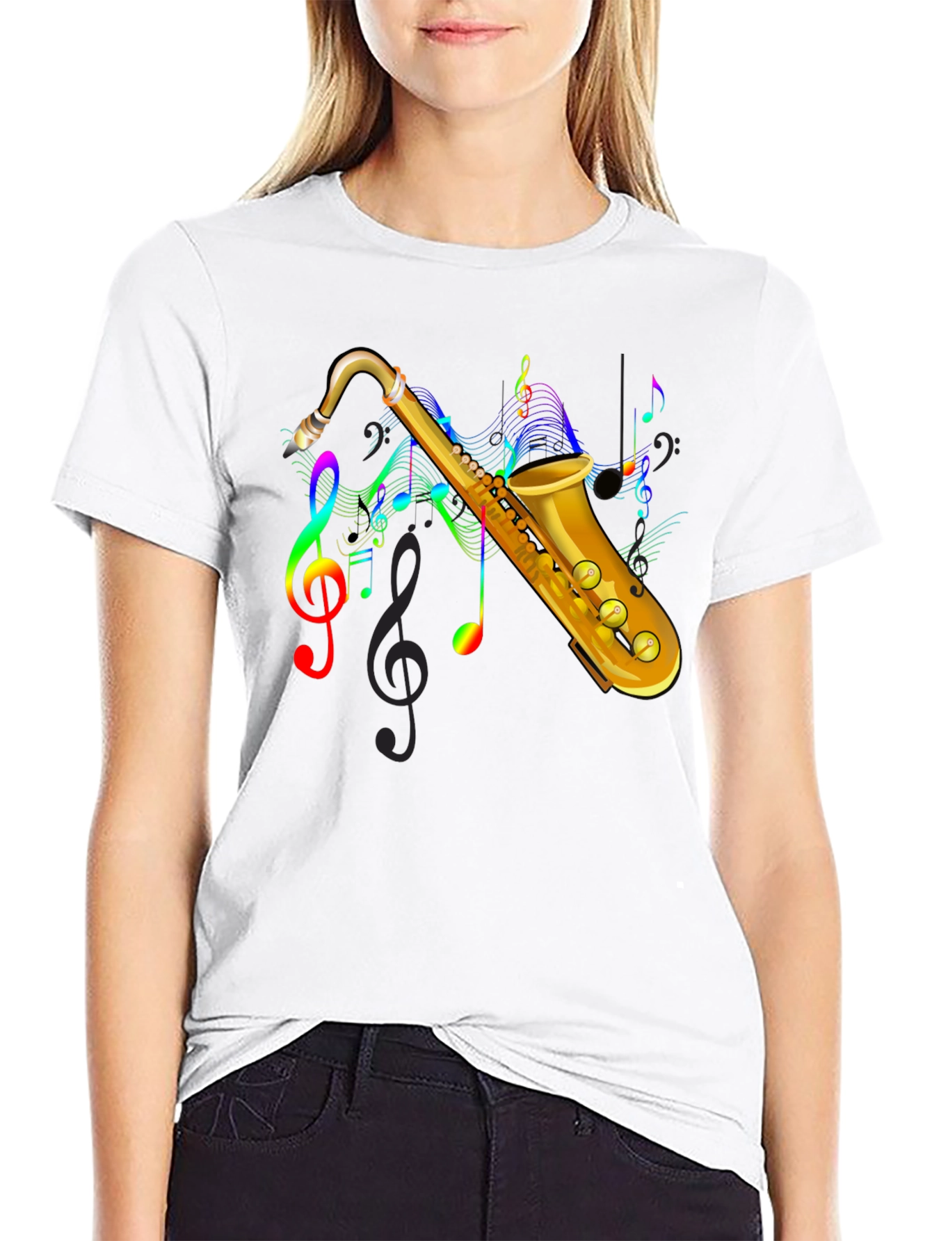 Saxophone Music Note Graphic Tee - Black