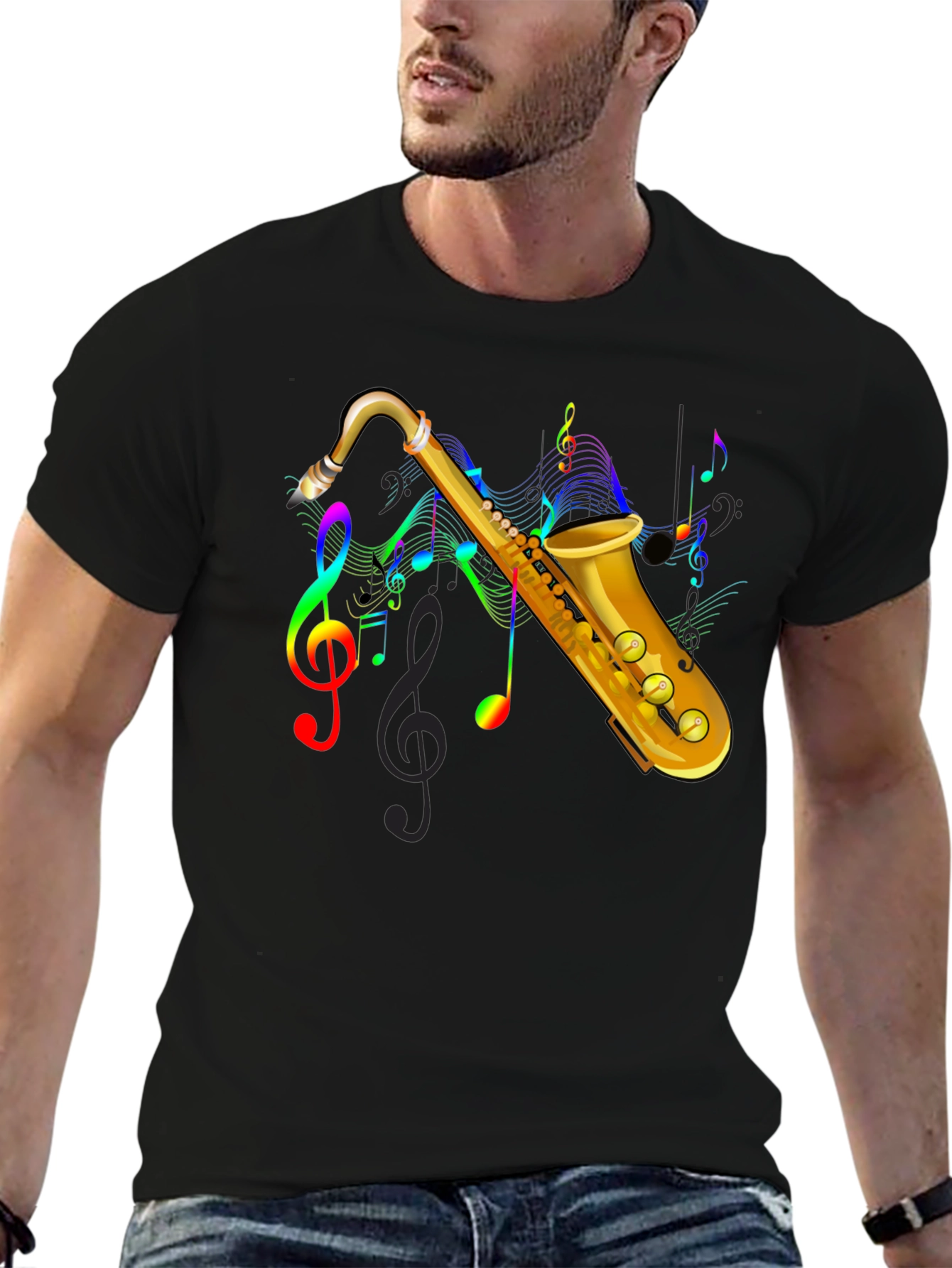 Saxophone Music Note Graphic Tee - Black
