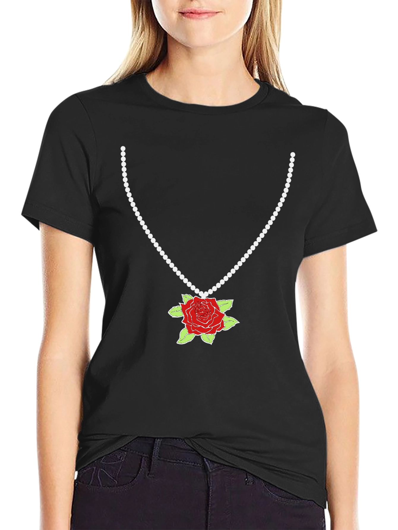 Rose Necklace Graphic Tee - Stylish Fashion