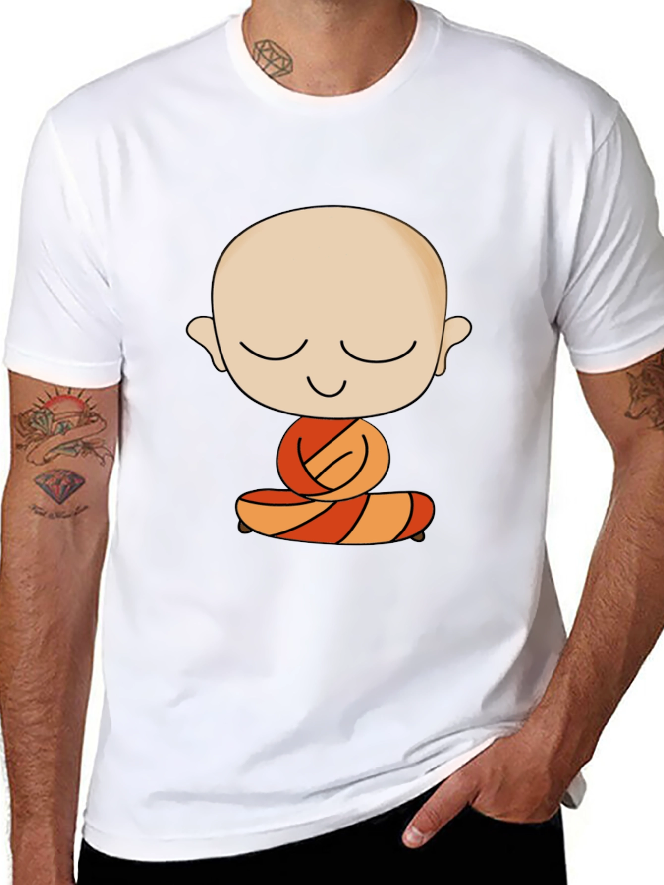 Meditating Monk Cartoon Black T-Shirt